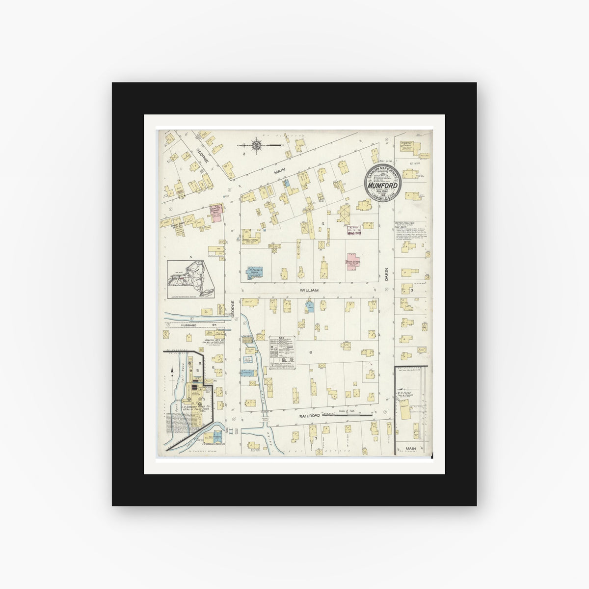Old map wall art mockup — black gallery frame with white mat — Sanborn Fire Insurance Map from Mumford, Monroe County, New York (1914), Sheet #0001