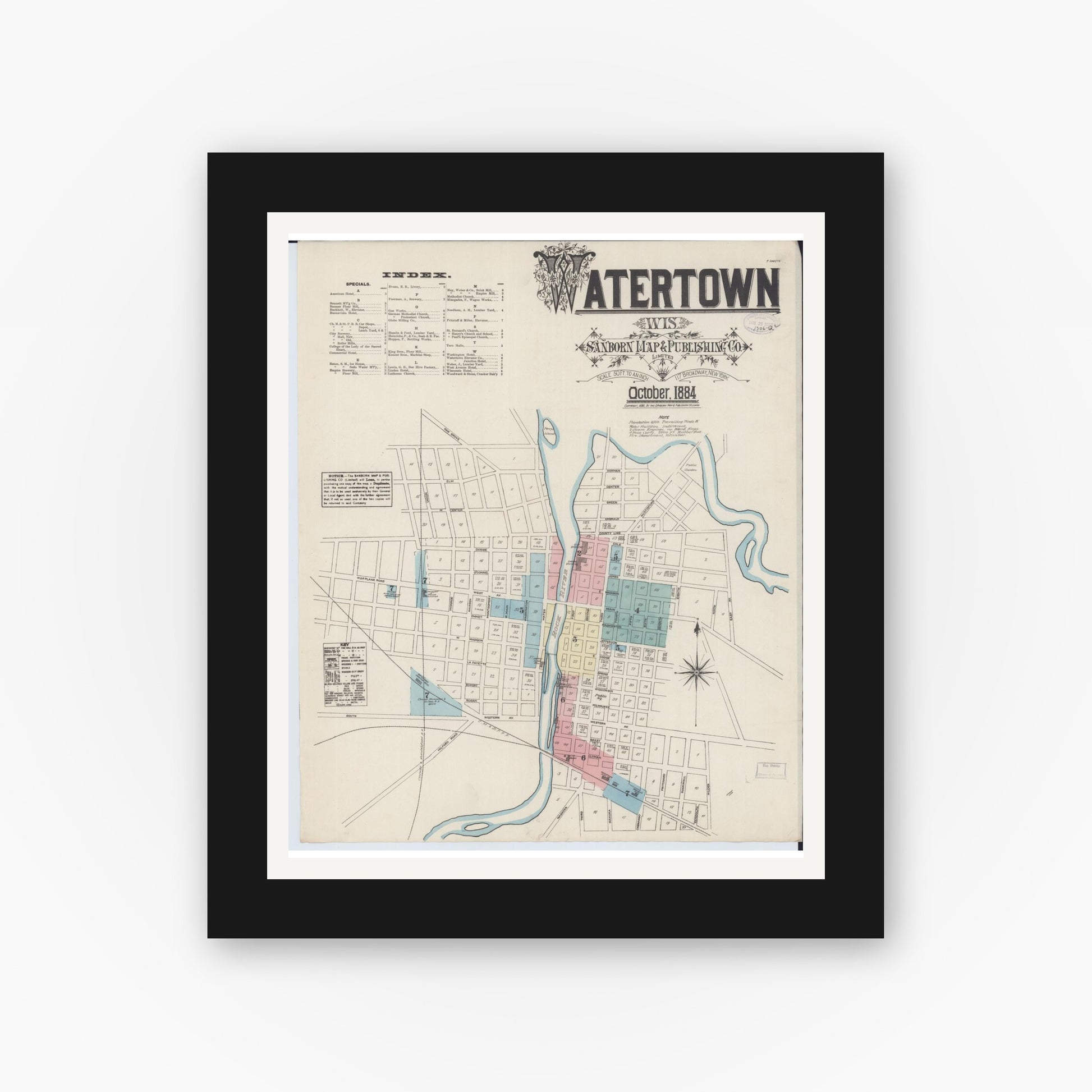 Old map wall art mockup — black gallery frame with white mat — Sanborn Fire Insurance Map from Watertown, Jefferson County, Wisconsin (1884), Sheet #0001