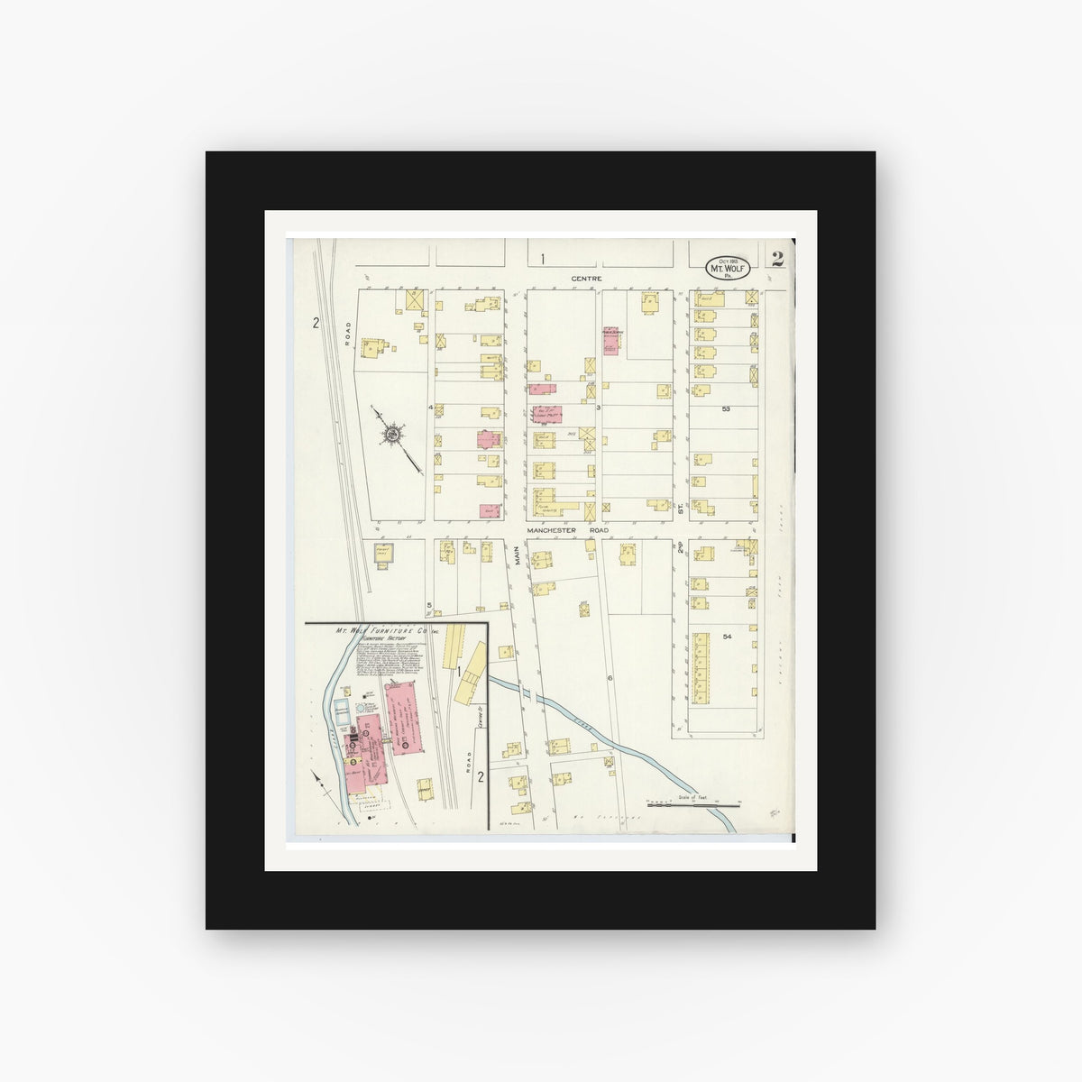 Old map wall art mockup — black gallery frame with white mat — Sanborn Fire Insurance Map from Mount Wolf, York County, Pennsylvania (1913), Sheet #0002