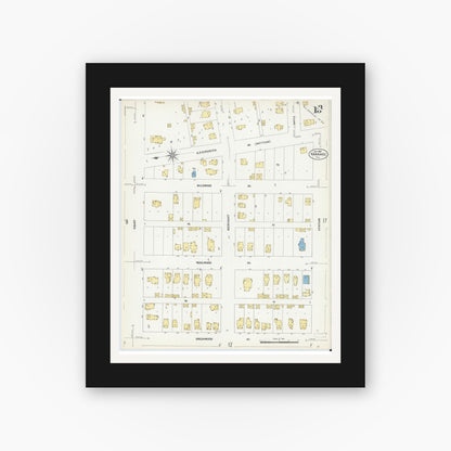Old map wall art mockup — black gallery frame with white mat — Sanborn Fire Insurance Map from Kankakee, Kankakee County, Illinois (1907), Sheet #0013