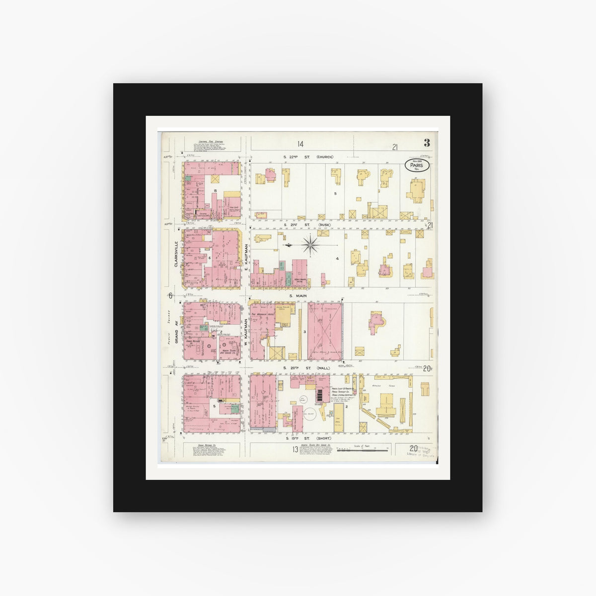 Old map wall art mockup — black gallery frame with white mat — Sanborn Fire Insurance Map from Paris, Lamar County, Texas (1908), Sheet #0003