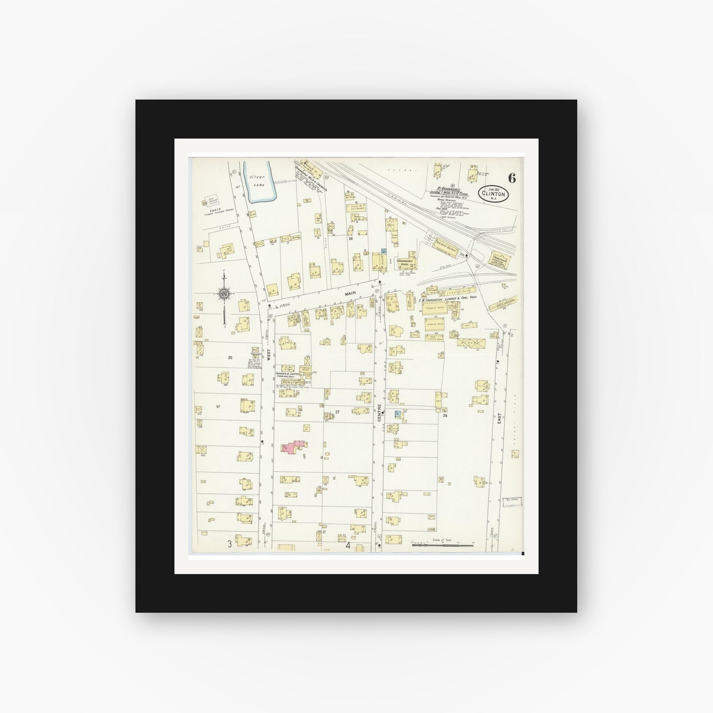 Old map wall art mockup — black gallery frame with white mat — Sanborn Fire Insurance Map from Clinton, Hunterdon County, New Jersey (1912), Sheet #0006