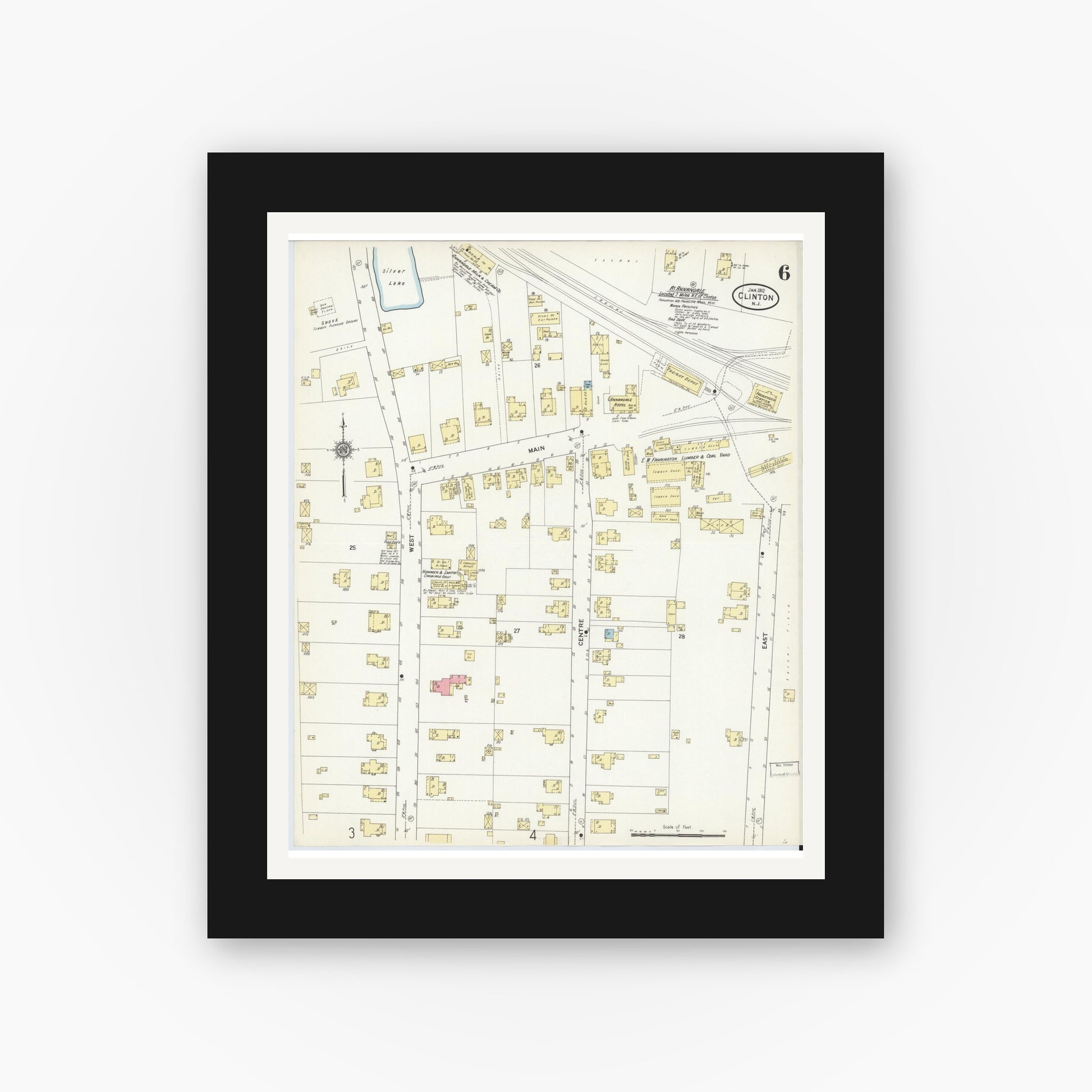 Old map wall art mockup — black gallery frame with white mat — Sanborn Fire Insurance Map from Clinton, Hunterdon County, New Jersey (1912), Sheet #0006