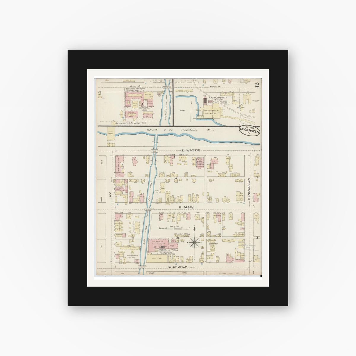 Old map wall art mockup — black gallery frame with white mat — Sanborn Fire Insurance Map from Lock Haven, Clinton County, Pennsylvania (1885), Sheet #0002