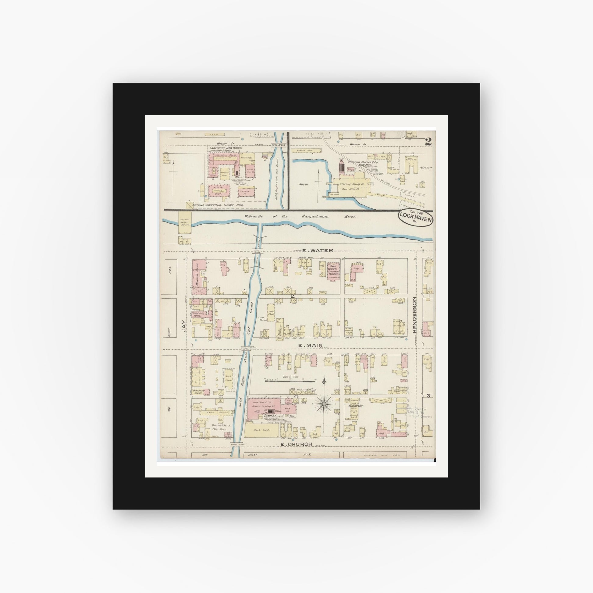 Old map wall art mockup — black gallery frame with white mat — Sanborn Fire Insurance Map from Lock Haven, Clinton County, Pennsylvania (1885), Sheet #0002