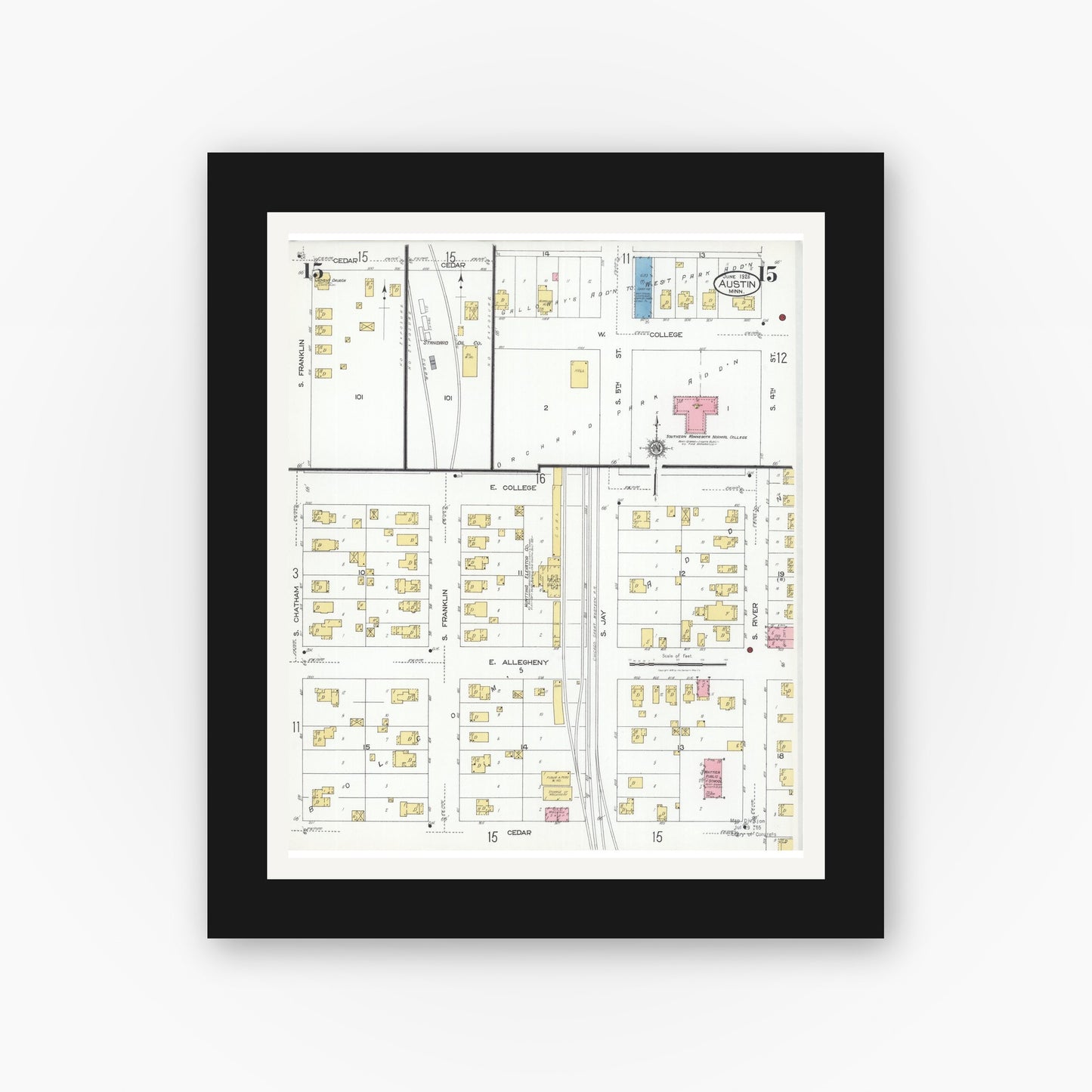 Old map wall art mockup — black gallery frame with white mat — Sanborn Fire Insurance Map from Austin, Mower County, Minnesota (1926), Sheet #0015