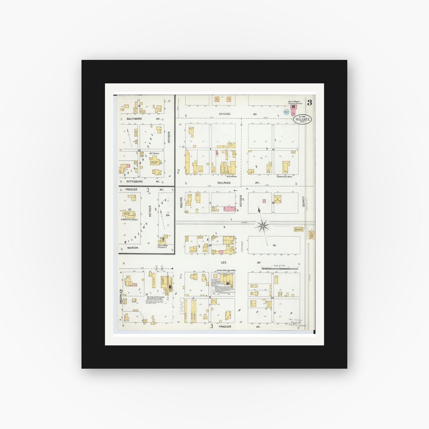 Old map wall art mockup — black gallery frame with white mat — Sanborn Fire Insurance Map from Holgate, Henry County, Ohio (1901), Sheet #0003