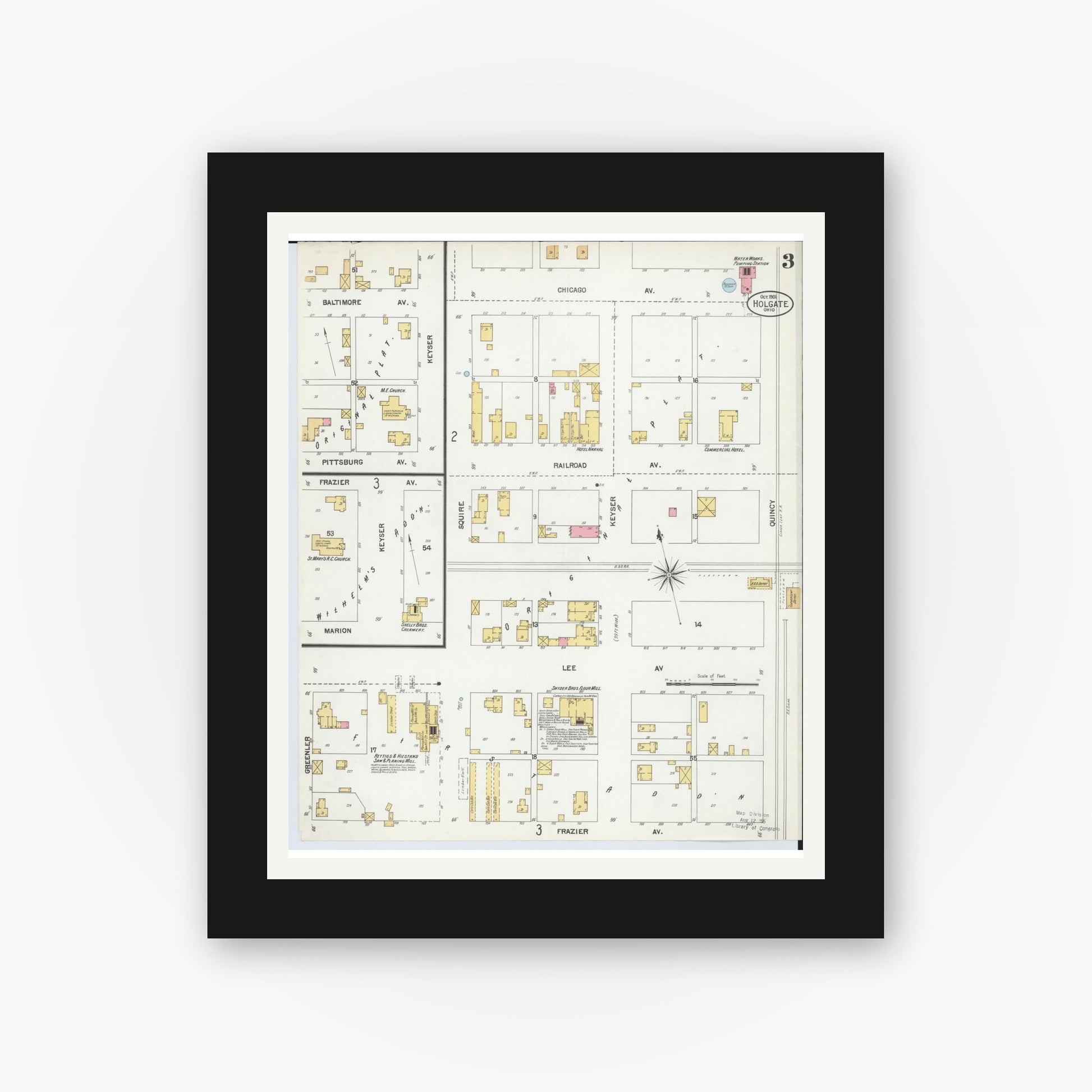 Old map wall art mockup — black gallery frame with white mat — Sanborn Fire Insurance Map from Holgate, Henry County, Ohio (1901), Sheet #0003