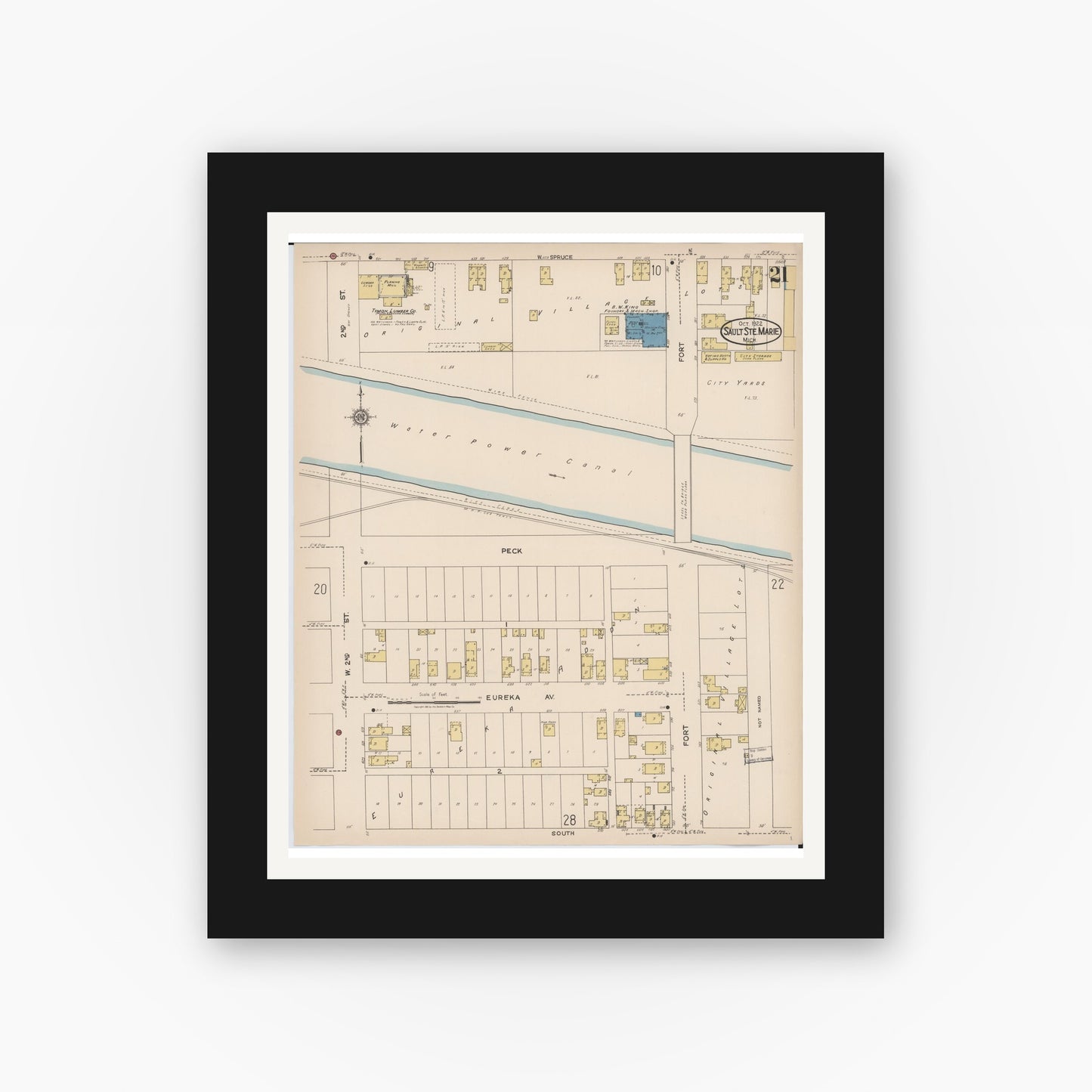 Old map wall art mockup — black gallery frame with white mat — Sanborn Fire Insurance Map from Sault Sainte Marie, Chippewa County, Michigan (1922), Sheet #0021