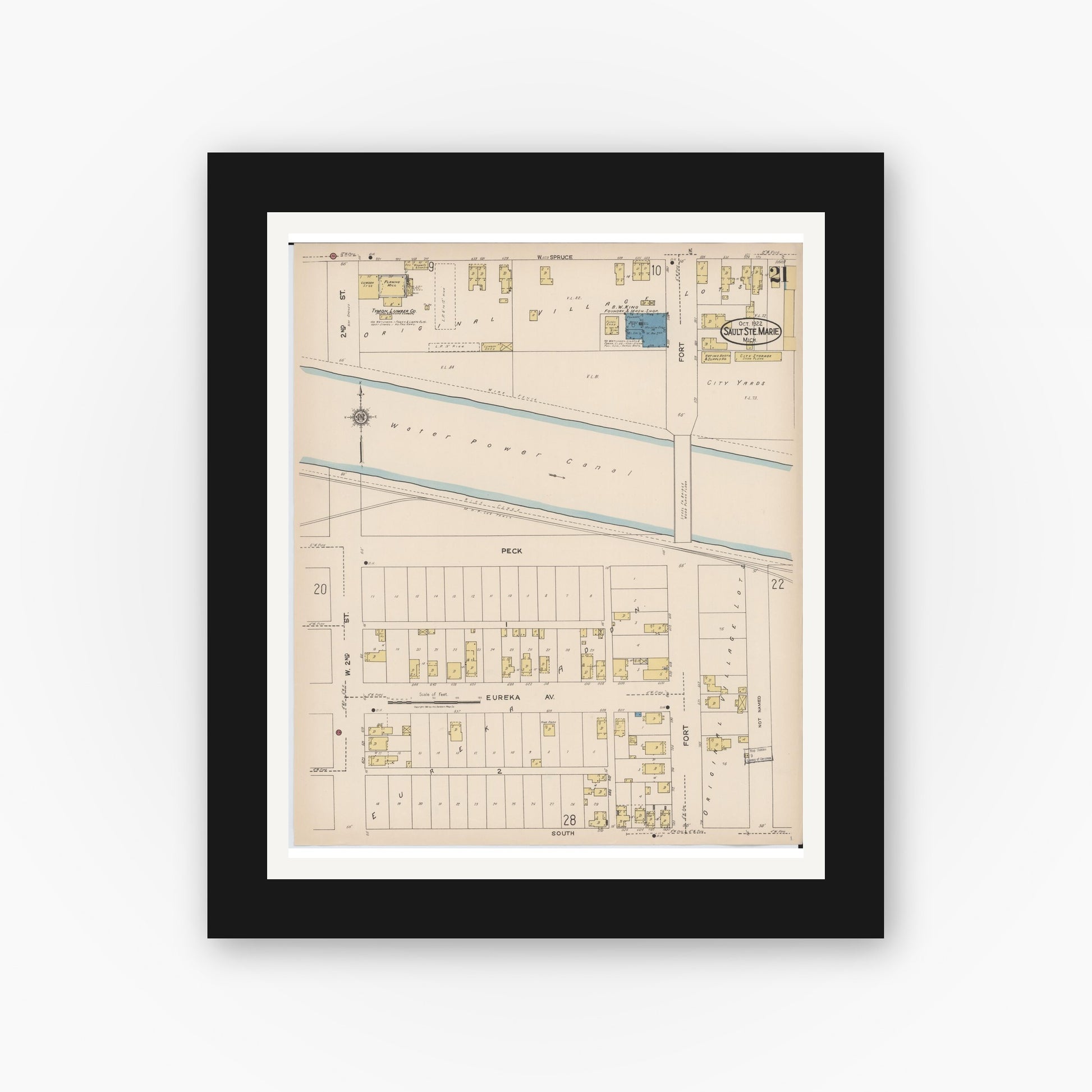 Old map wall art mockup — black gallery frame with white mat — Sanborn Fire Insurance Map from Sault Sainte Marie, Chippewa County, Michigan (1922), Sheet #0021