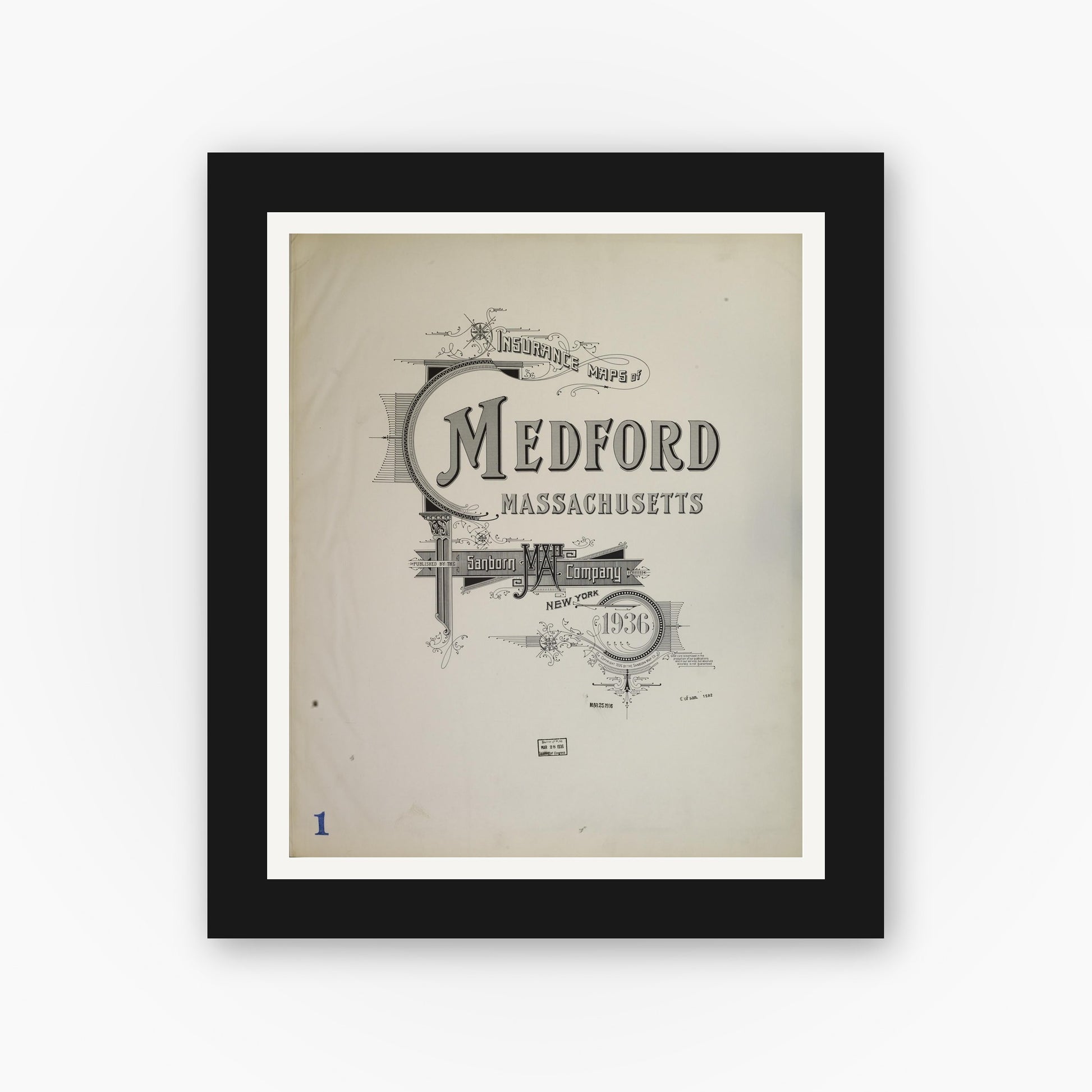 Old map wall art mockup — black gallery frame with white mat — Sanborn Fire Insurance Map from Medford, Middlesex County, Massachusetts (1936), Sheet #0001