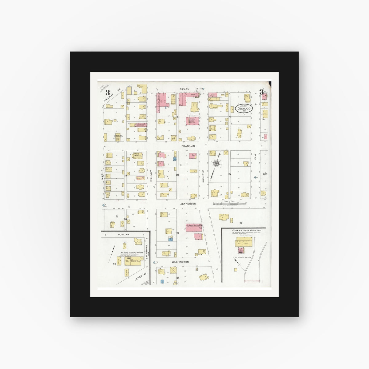 Old map wall art mockup — black gallery frame with white mat — Sanborn Fire Insurance Map from Osgood, Ripley County, Indiana (1927), Sheet #0003