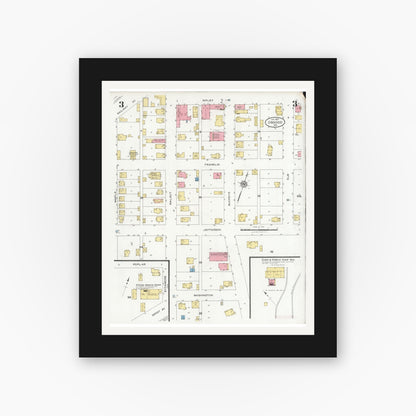Old map wall art mockup — black gallery frame with white mat — Sanborn Fire Insurance Map from Osgood, Ripley County, Indiana (1927), Sheet #0003
