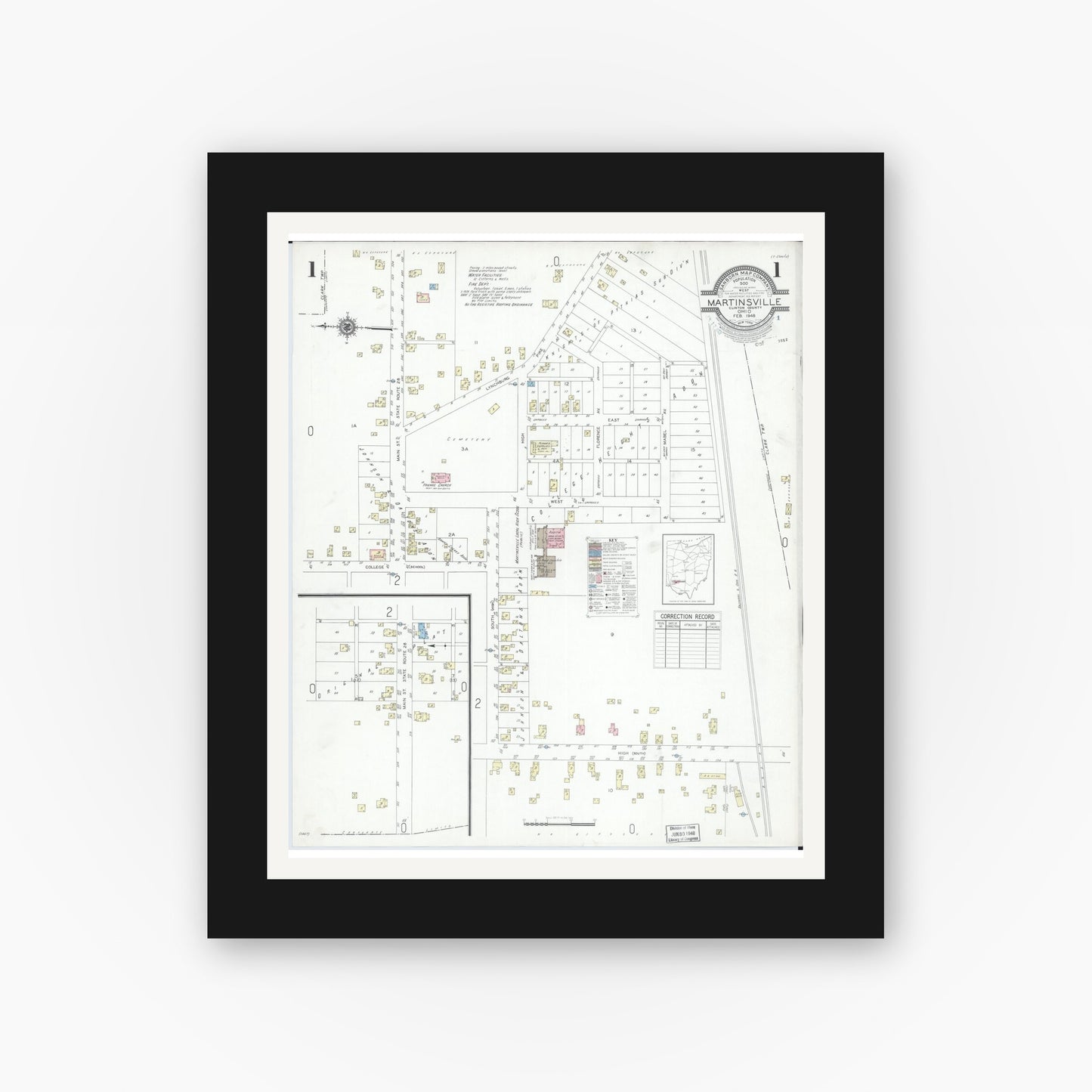 Old map wall art mockup — black gallery frame with white mat — Sanborn Fire Insurance Map from Martinsville, Clinton County, Ohio (1948), Sheet #0001
