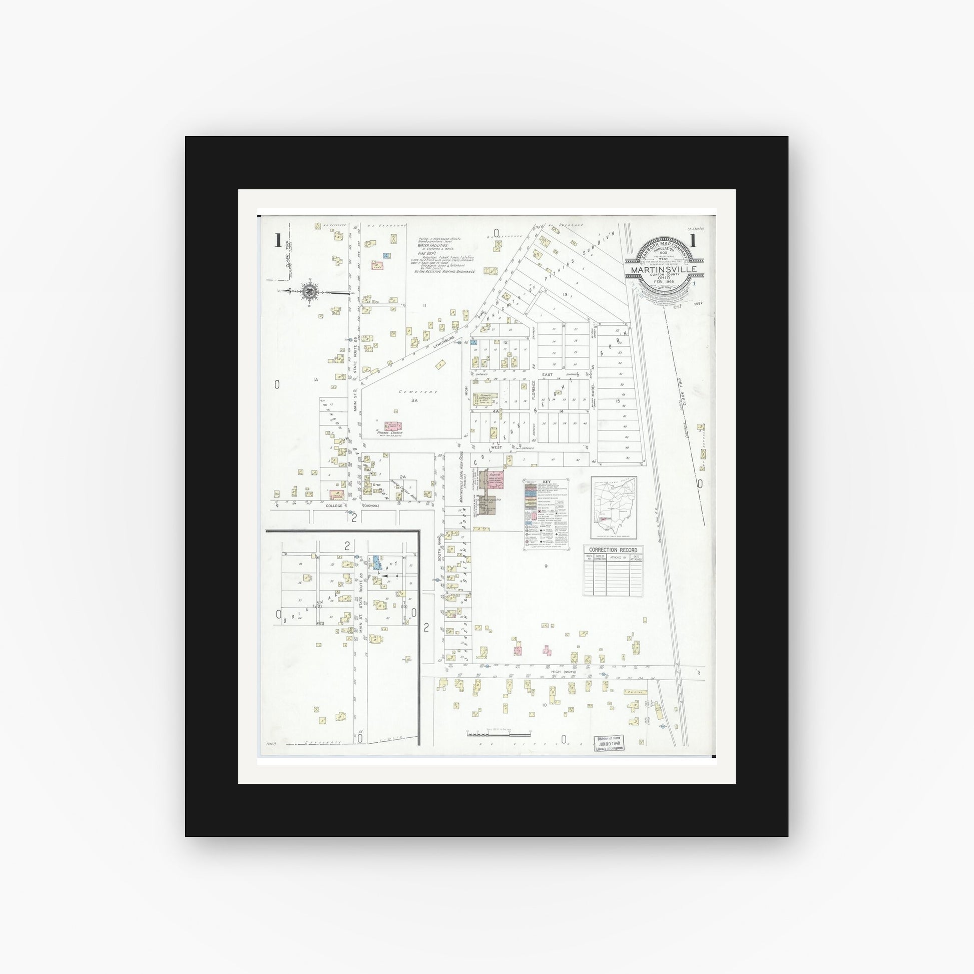 Old map wall art mockup — black gallery frame with white mat — Sanborn Fire Insurance Map from Martinsville, Clinton County, Ohio (1948), Sheet #0001