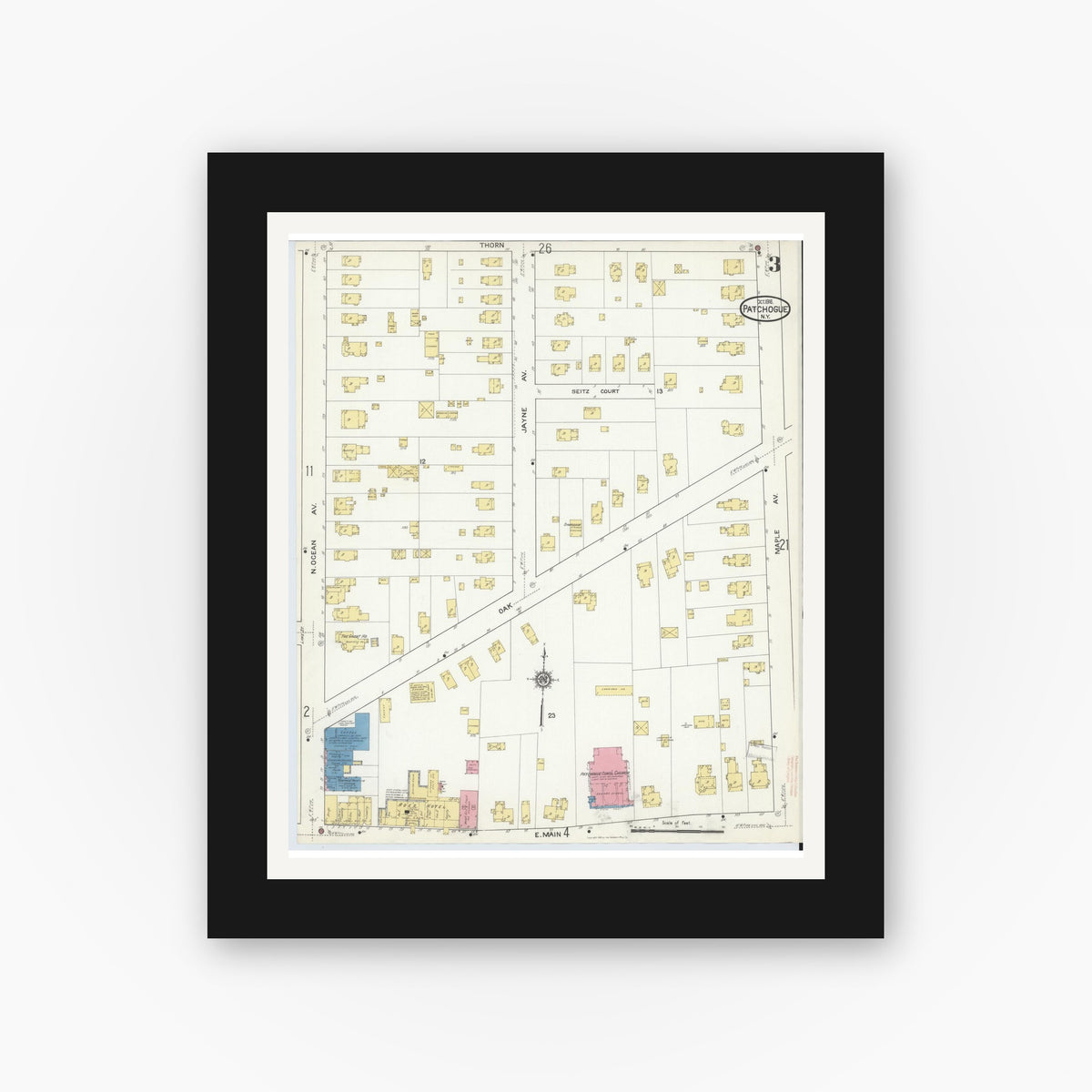 Old map wall art mockup — black gallery frame with white mat — Sanborn Fire Insurance Map from Patchogue, Suffolk County, New York (1916), Sheet #0003