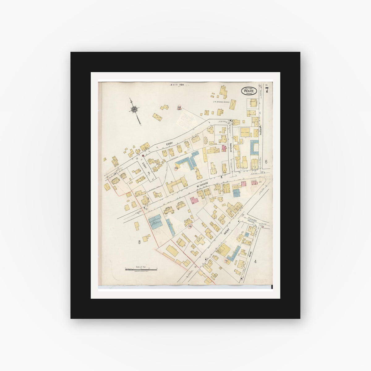 Old map wall art mockup — black gallery frame with white mat — Sanborn Fire Insurance Map from Ware, Hampshire County, Massachusetts (1946), Sheet #0007