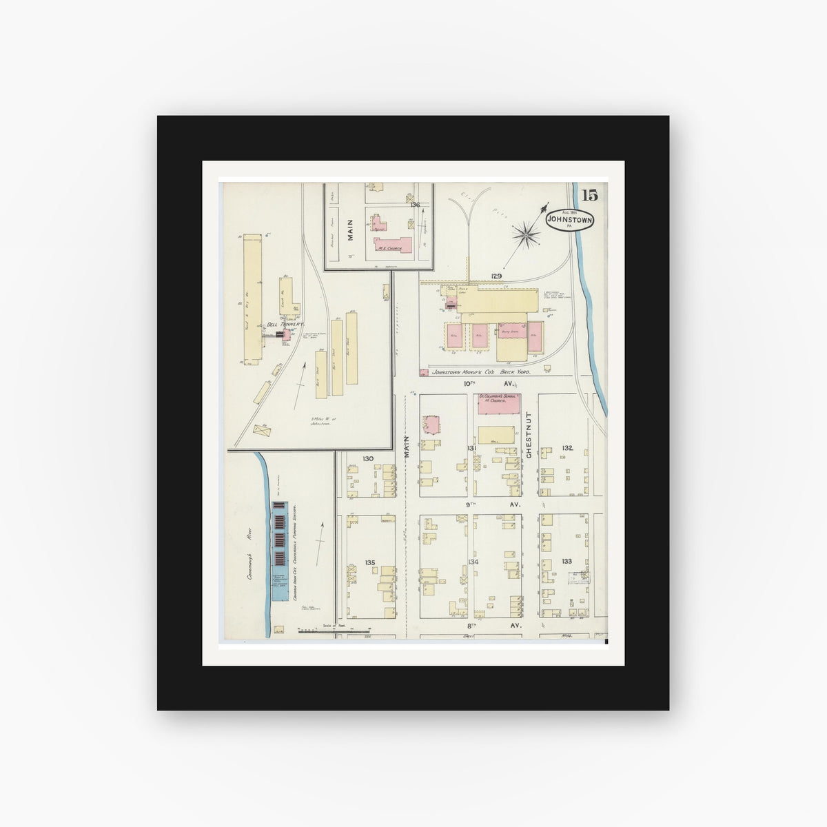 Old map wall art mockup — black gallery frame with white mat — Sanborn Fire Insurance Map from Johnstown, Cambria County, Pennsylvania (1891), Sheet #0015