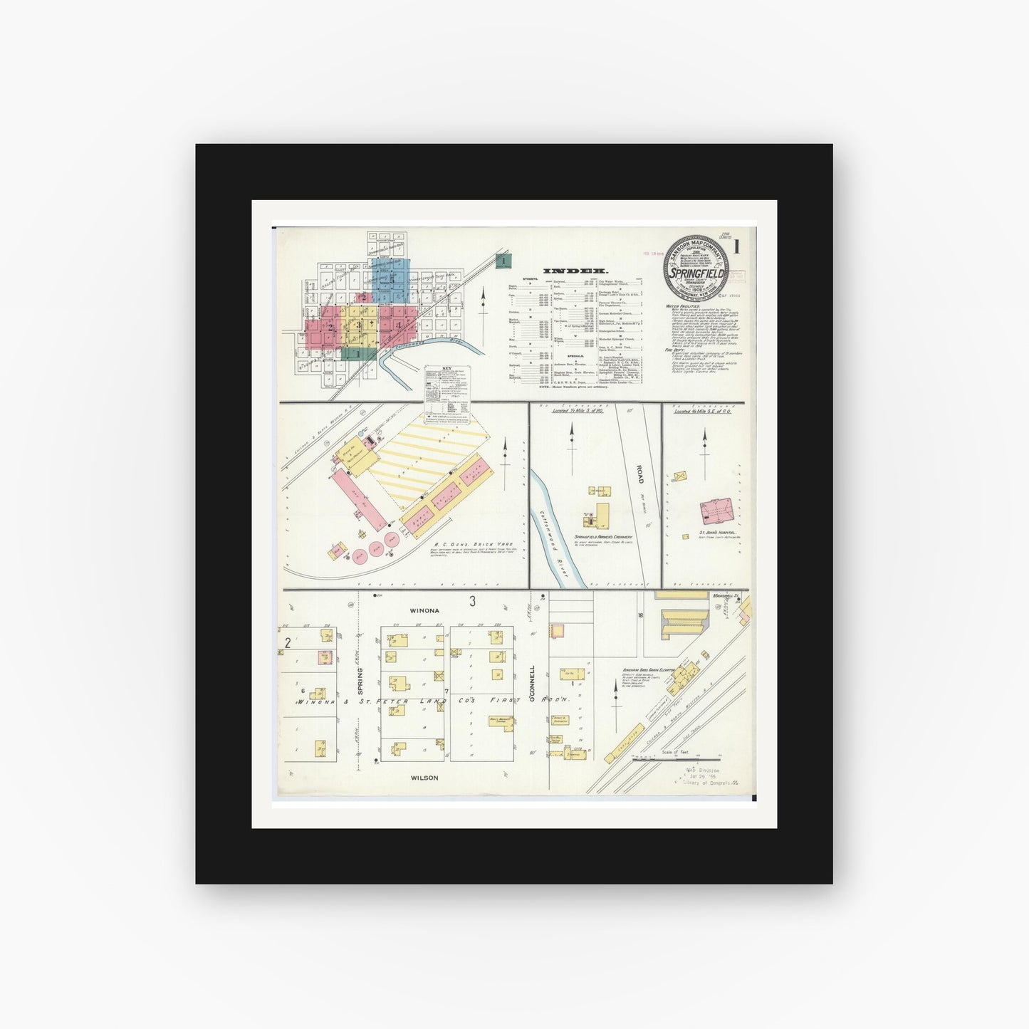 Old map wall art mockup — black gallery frame with white mat — Sanborn Fire Insurance Map from Springfield, Brown County, Minnesota (1909) - Complete Map Set