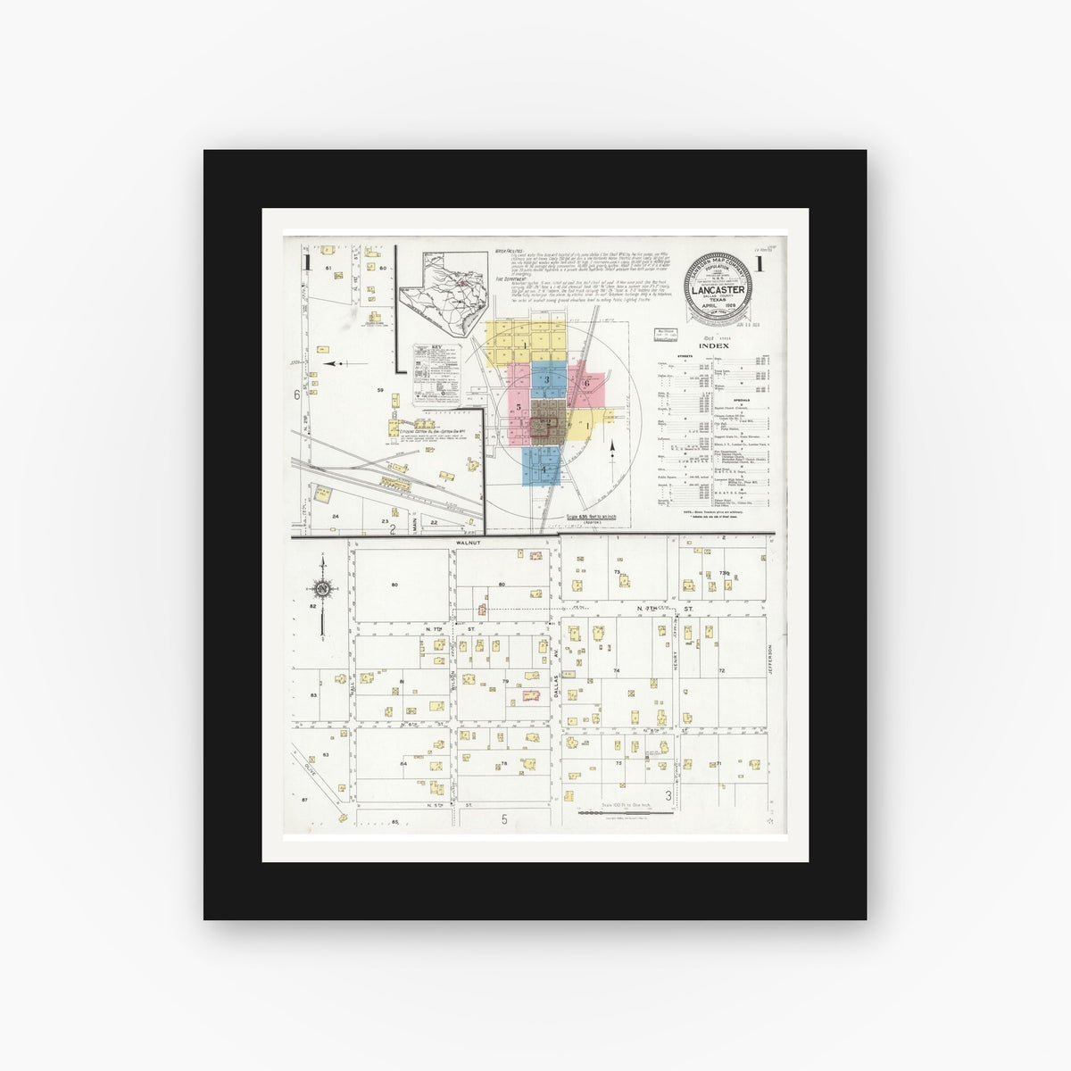 Old map wall art mockup — black gallery frame with white mat — Sanborn Fire Insurance Map from Lancaster, Dallas County, Texas (1928) - Complete Map Set