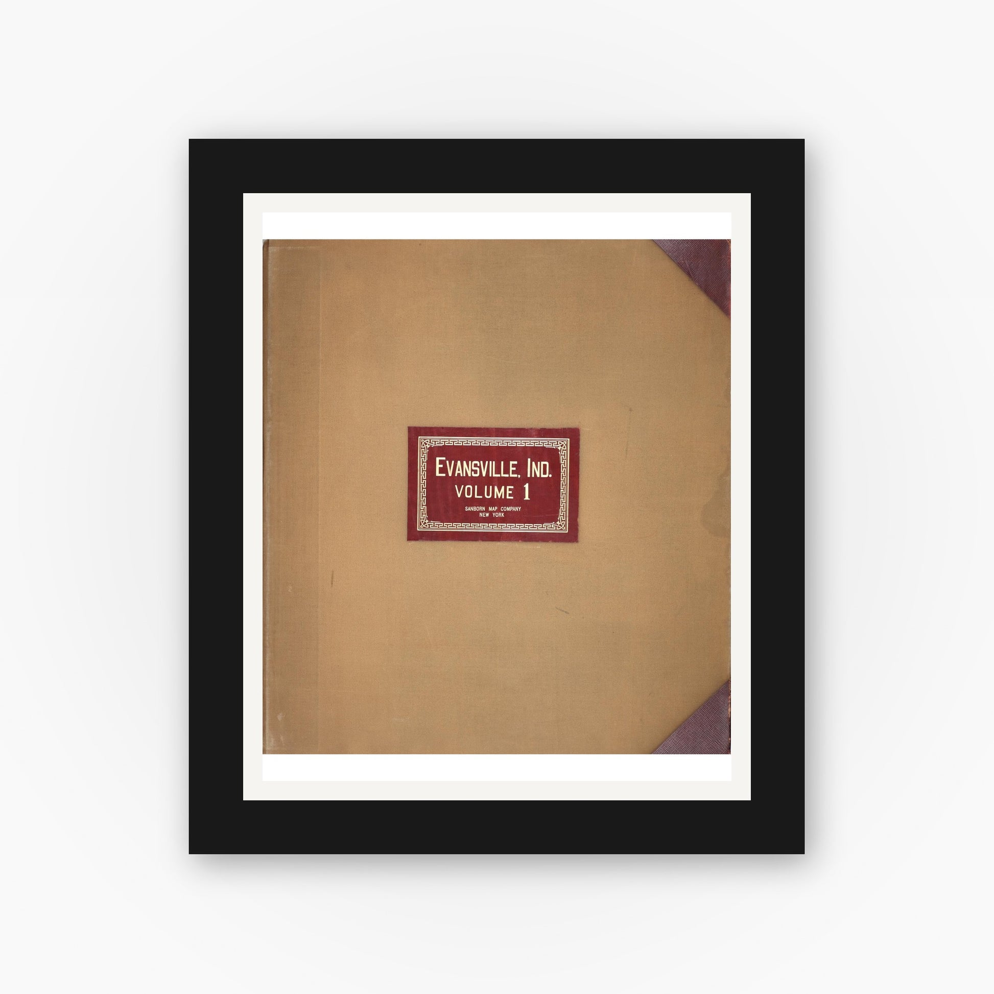 Old map wall art mockup — black gallery frame with white mat — Sanborn Fire Insurance Map from Evansville, Vanderburgh County, Indiana (1962), Sheet #0001