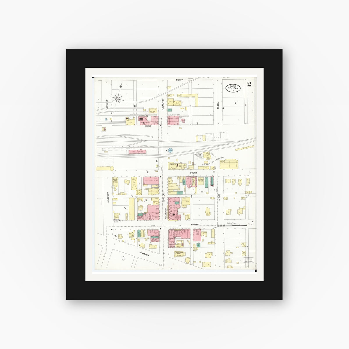 Old map wall art mockup — black gallery frame with white mat — Sanborn Fire Insurance Map from Colfax, Jasper County, Iowa (1906), Sheet #0002