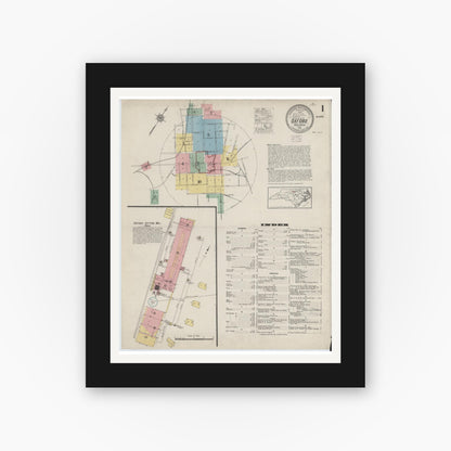 Old map wall art mockup — black gallery frame with white mat — Sanborn Fire Insurance Map from Oxford, Granville County, North Carolina (1915) - Complete Map Set