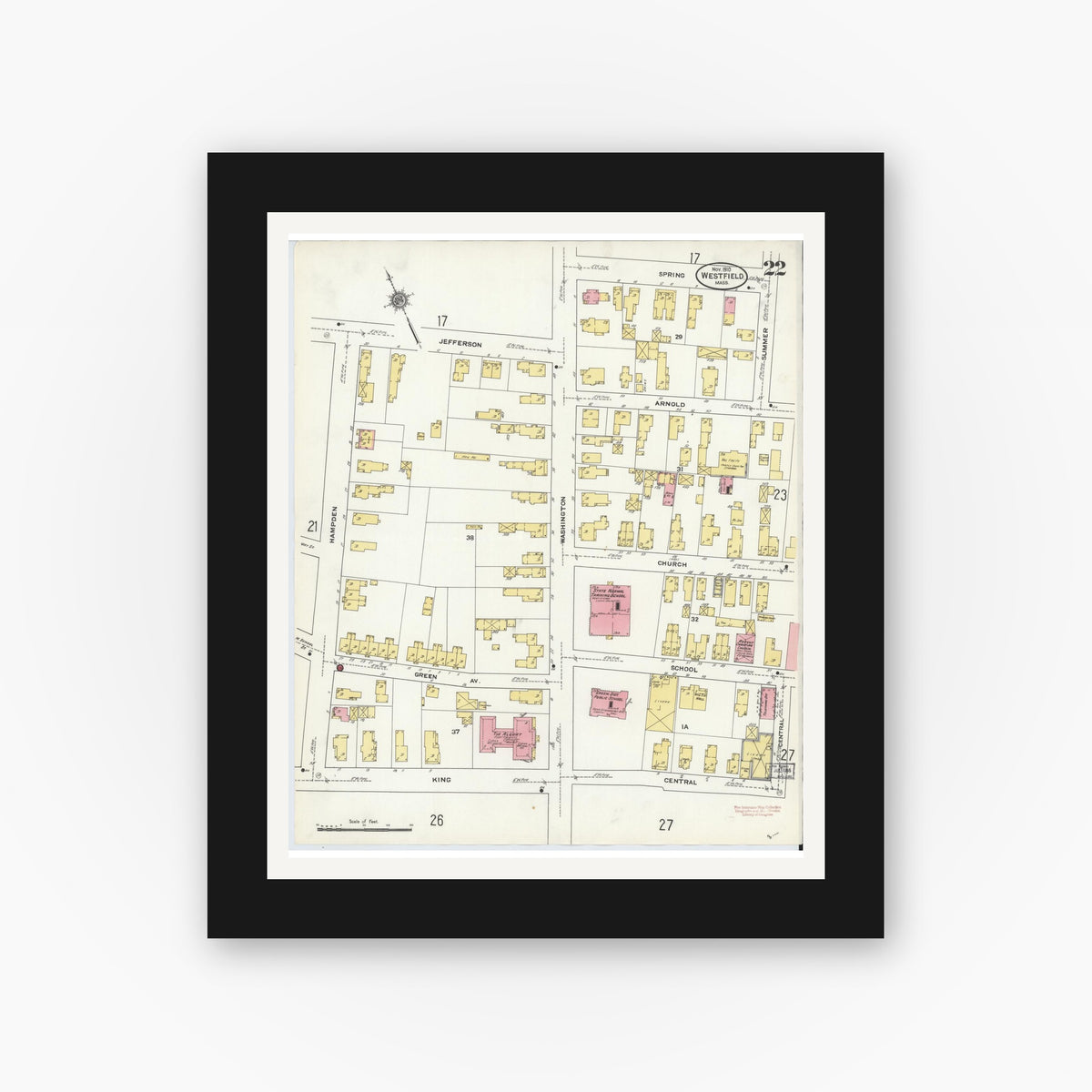 Old map wall art mockup — black gallery frame with white mat — Sanborn Fire Insurance Map from Westfield, Hampden County, Massachusetts (1910), Sheet #0022