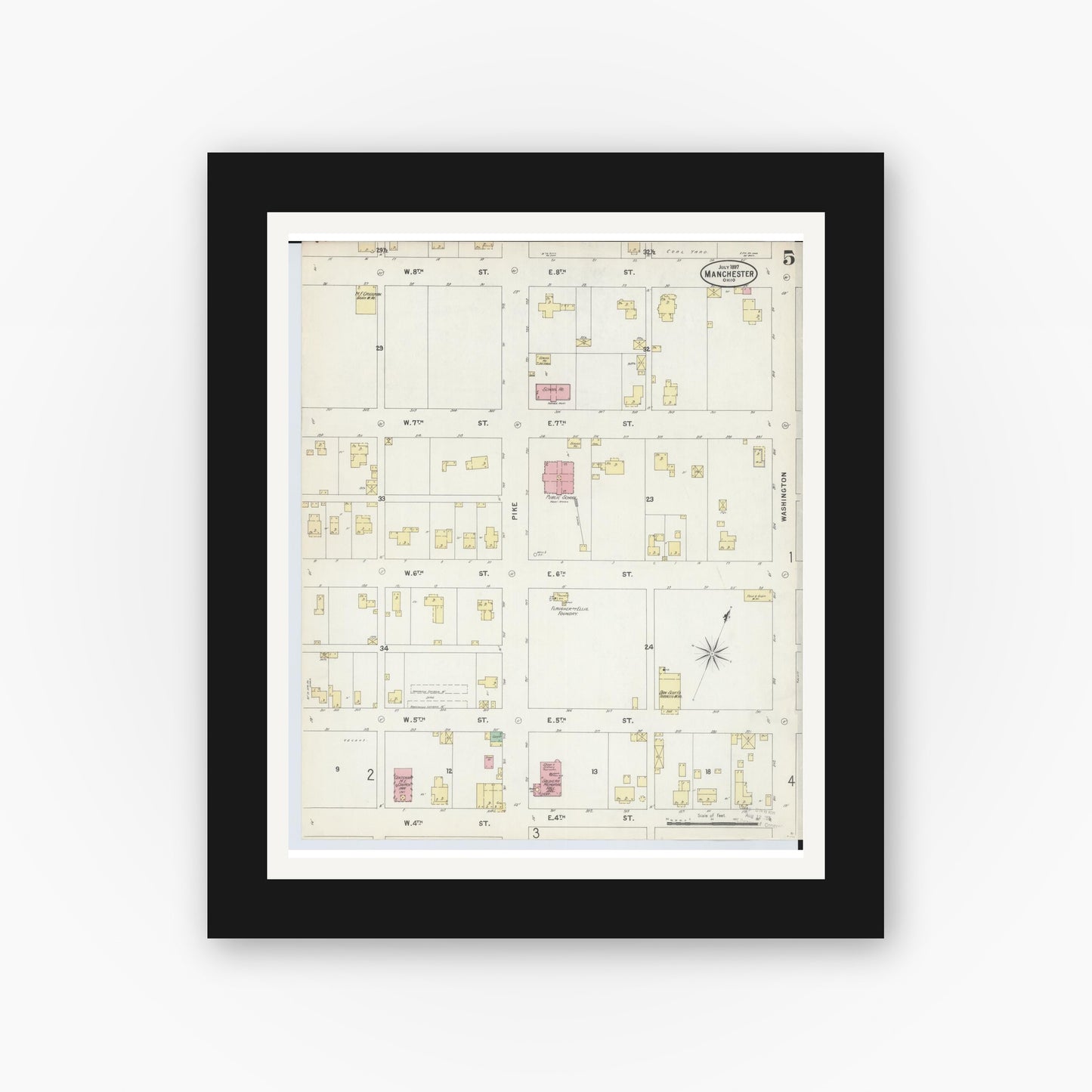 Old map wall art mockup — black gallery frame with white mat — Sanborn Fire Insurance Map from Manchester, Adams County, Ohio (1897), Sheet #0005