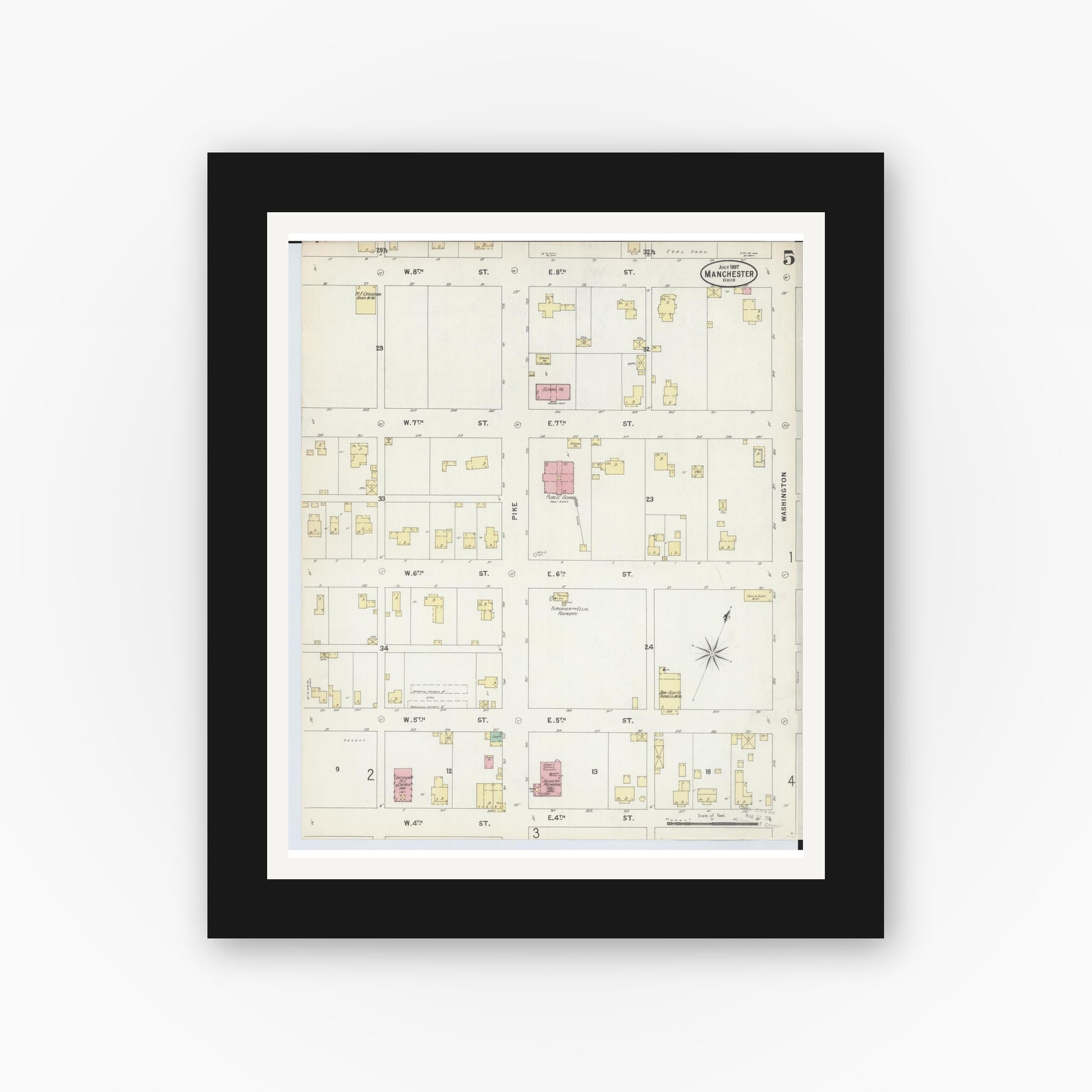 Old map wall art mockup — black gallery frame with white mat — Sanborn Fire Insurance Map from Manchester, Adams County, Ohio (1897), Sheet #0005