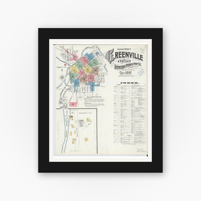 Old map wall art mockup — black gallery frame with white mat — Sanborn Fire Insurance Map from Greenville, Darke County, Ohio (1898), Sheet #0001