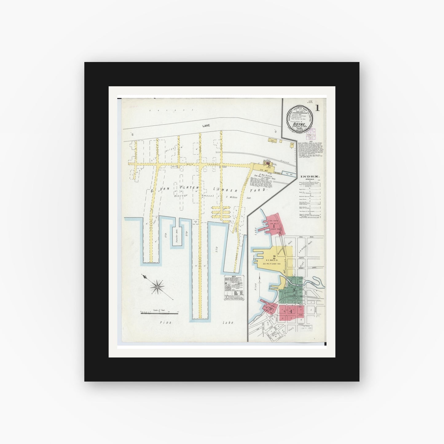 Old map wall art mockup — black gallery frame with white mat — Sanborn Fire Insurance Map from Boyne City, Charlevoix County, Michigan (1901) - Complete Map Set