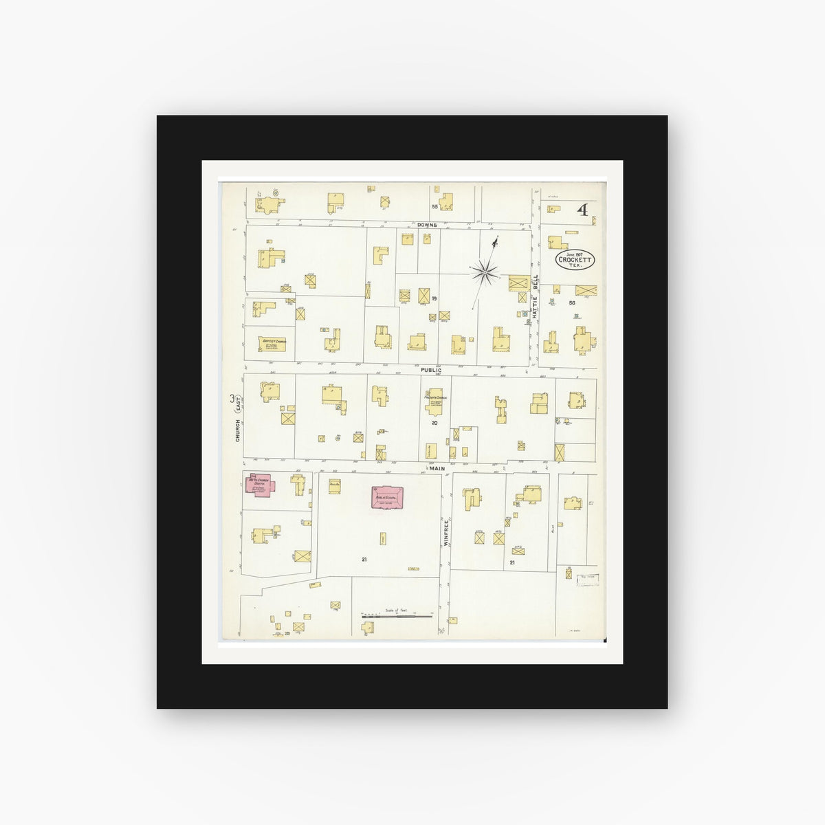 Old map wall art mockup — black gallery frame with white mat — Sanborn Fire Insurance Map from Crockett, Houston County, Texas (1907), Sheet #0004