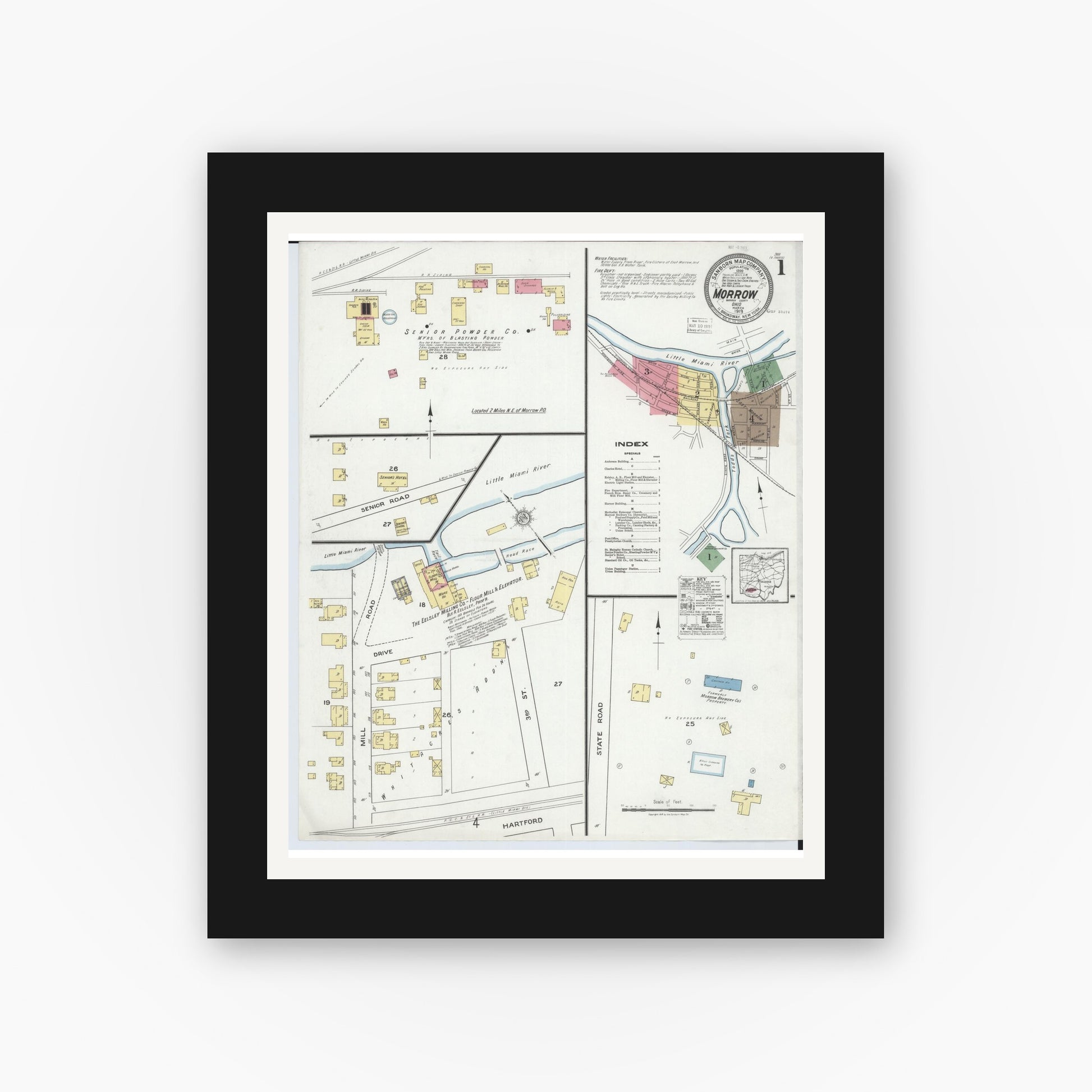 Old map wall art mockup — black gallery frame with white mat — Sanborn Fire Insurance Map from Morrow, Warren County, Ohio (1919) - Complete Map Set