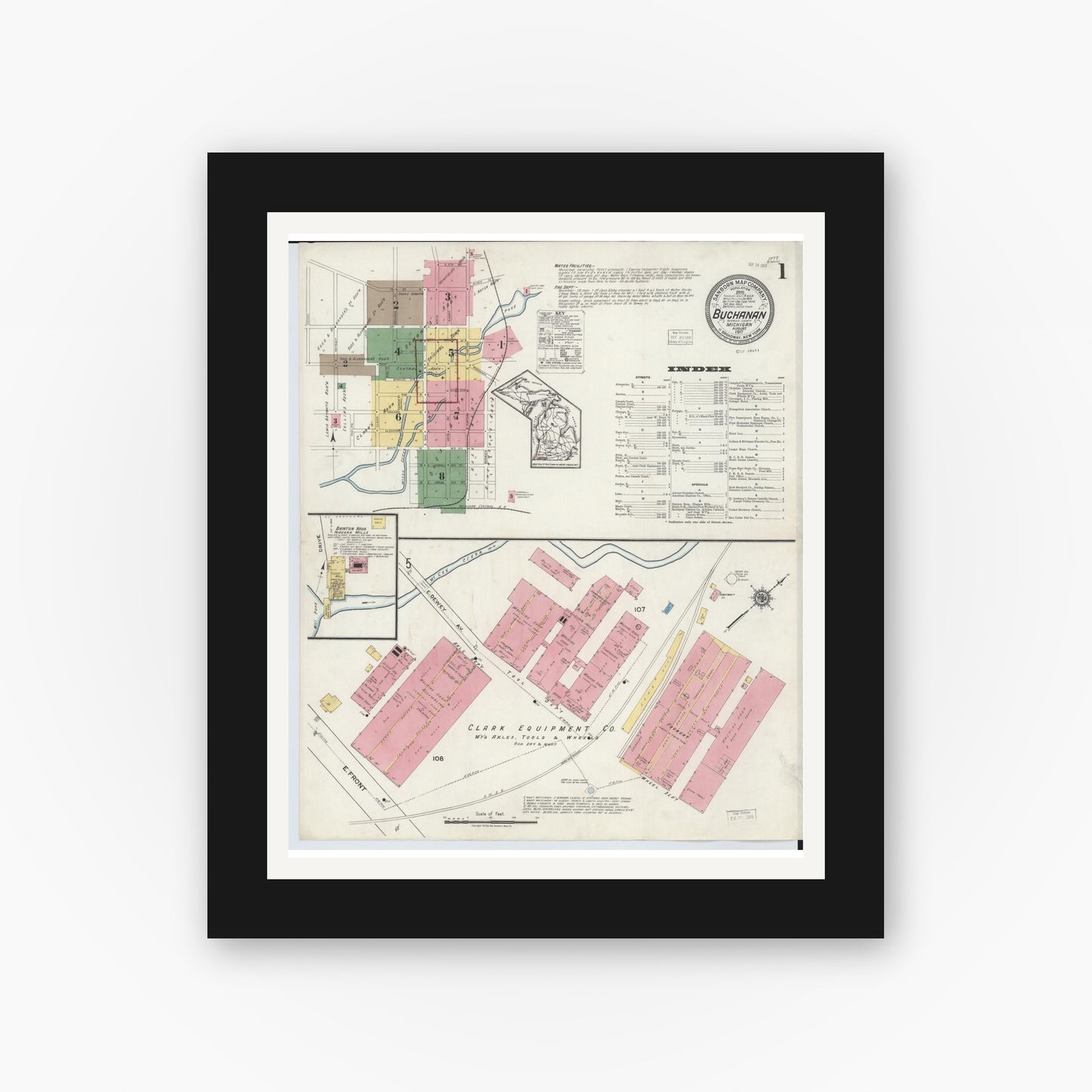 Old map wall art mockup — black gallery frame with white mat — Sanborn Fire Insurance Map from Buchanan, Berrien County, Michigan (1917), Sheet #0001