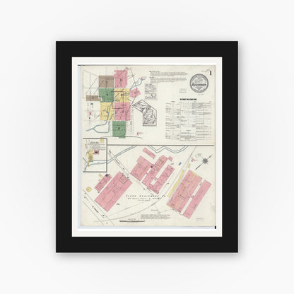 Old map wall art mockup — black gallery frame with white mat — Sanborn Fire Insurance Map from Buchanan, Berrien County, Michigan (1917), Sheet #0001