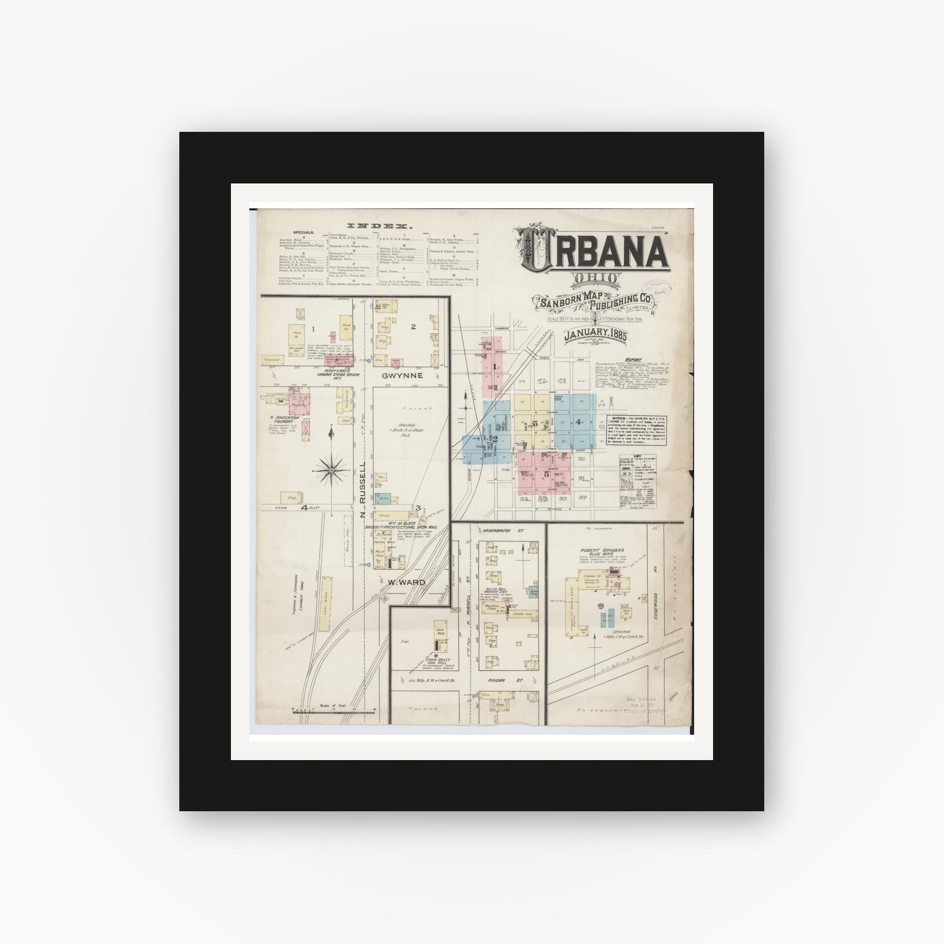 Old map wall art mockup — black gallery frame with white mat — Sanborn Fire Insurance Map from Urbana, Champaign County, Ohio (1885) - Complete Map Set
