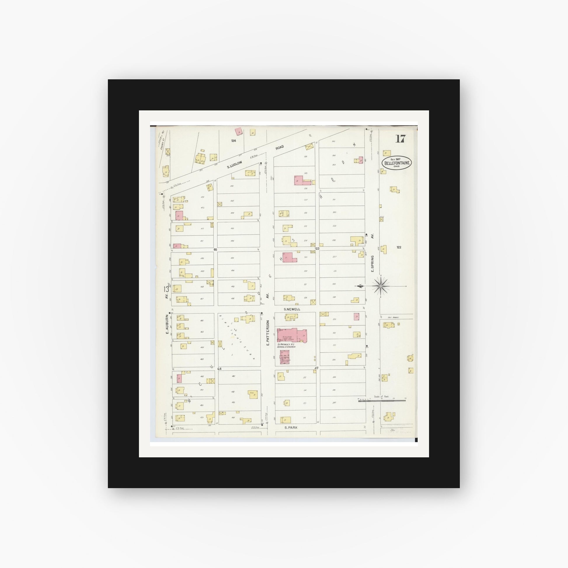 Old map wall art mockup — black gallery frame with white mat — Sanborn Fire Insurance Map from Bellefontaine, Logan County, Ohio (1907), Sheet #0017