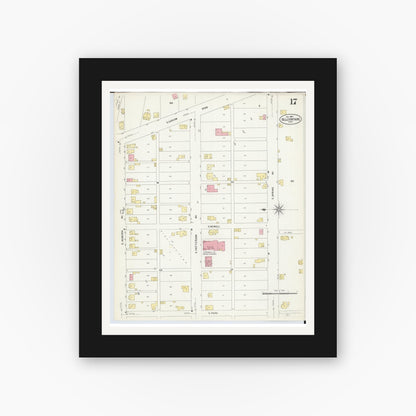 Old map wall art mockup — black gallery frame with white mat — Sanborn Fire Insurance Map from Bellefontaine, Logan County, Ohio (1907), Sheet #0017