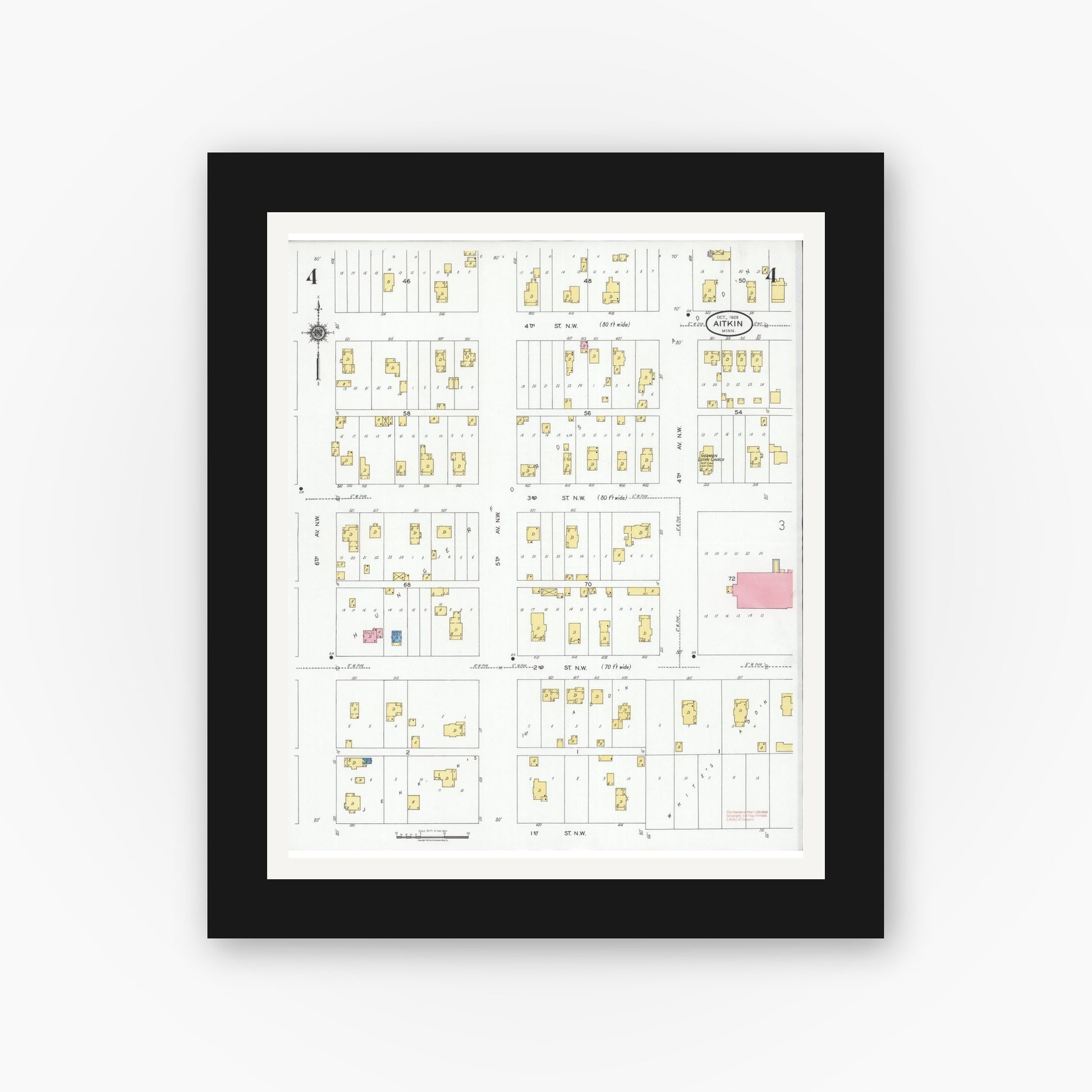 Old map wall art mockup — black gallery frame with white mat — Sanborn Fire Insurance Map from Aitkin, Aitkin County, Minnesota (1929), Sheet #0004