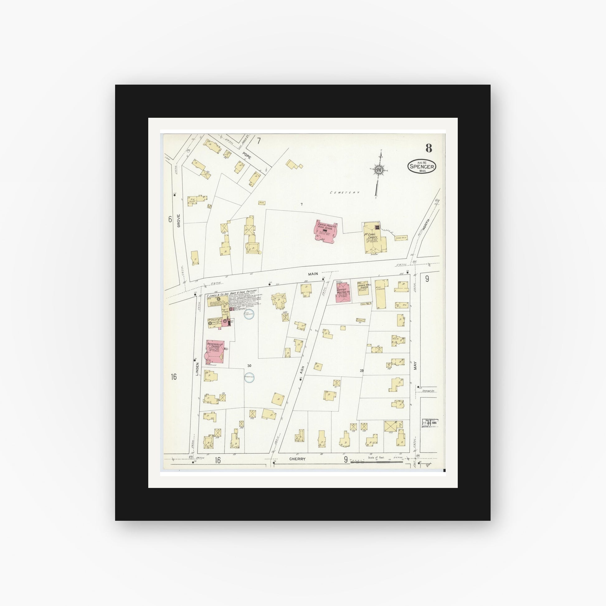 Old map wall art mockup — black gallery frame with white mat — Sanborn Fire Insurance Map from Spencer, Worcester County, Massachusetts (1912), Sheet #0008