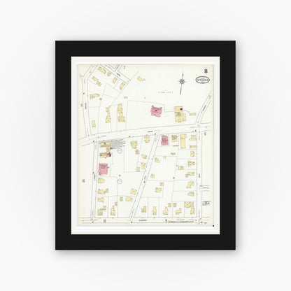 Old map wall art mockup — black gallery frame with white mat — Sanborn Fire Insurance Map from Spencer, Worcester County, Massachusetts (1912), Sheet #0008