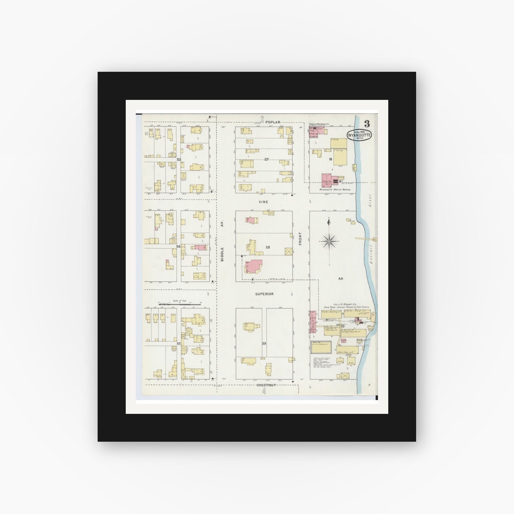 Old map wall art mockup — black gallery frame with white mat — Sanborn Fire Insurance Map from Wyandotte, Wayne County, Michigan (1895), Sheet #0003