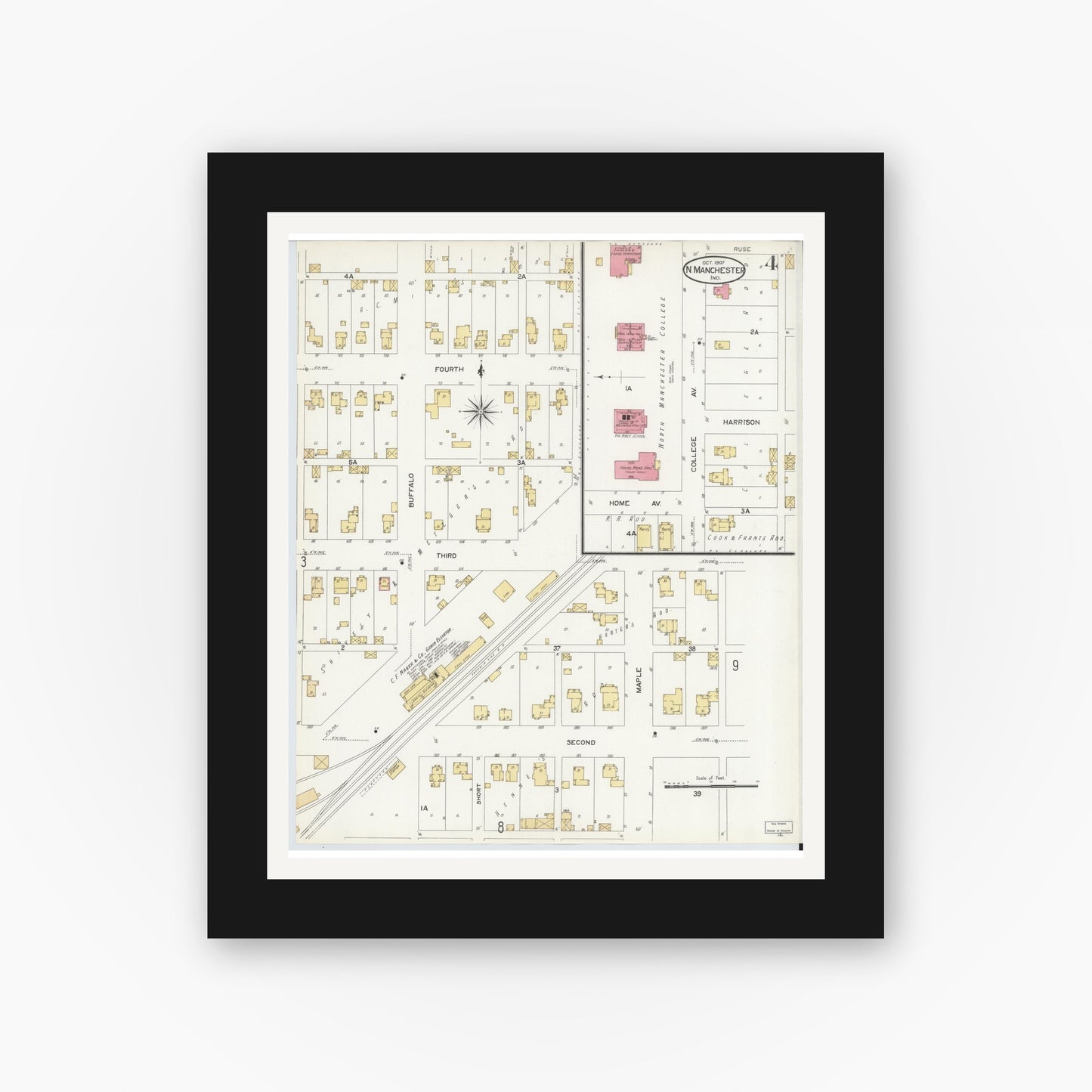 Old map wall art mockup — black gallery frame with white mat — Sanborn Fire Insurance Map from North Manchester, Wabash County, Indiana (1907), Sheet #0004