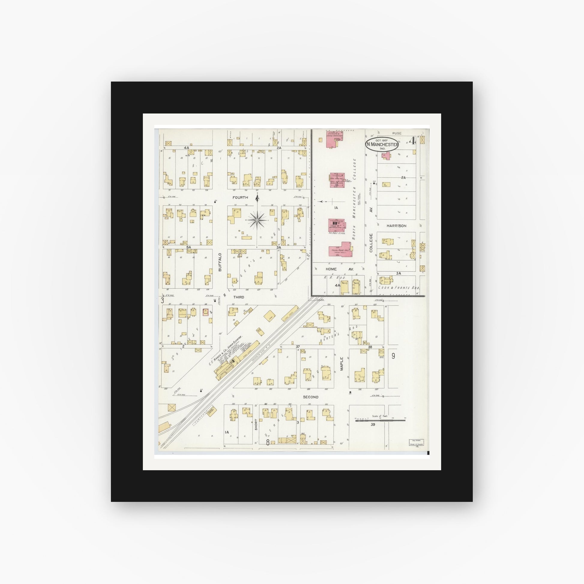 Old map wall art mockup — black gallery frame with white mat — Sanborn Fire Insurance Map from North Manchester, Wabash County, Indiana (1907), Sheet #0004
