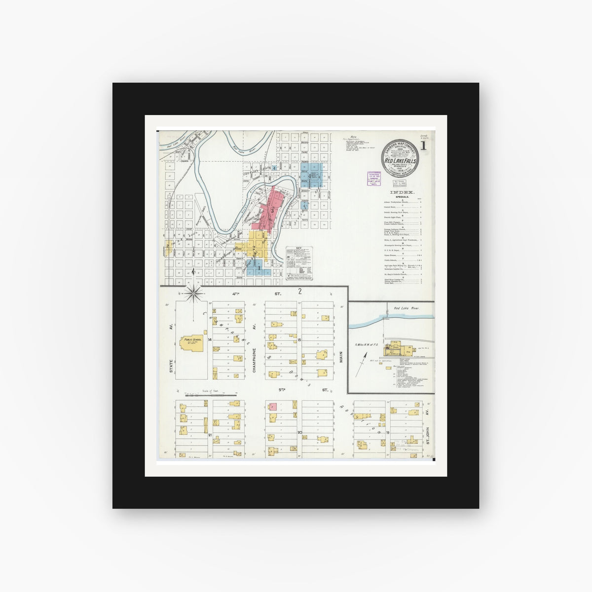 Old map wall art mockup — black gallery frame with white mat — Sanborn Fire Insurance Map from Red Lake Falls, Red Lake County, Minnesota (1904) - Complete Map Set