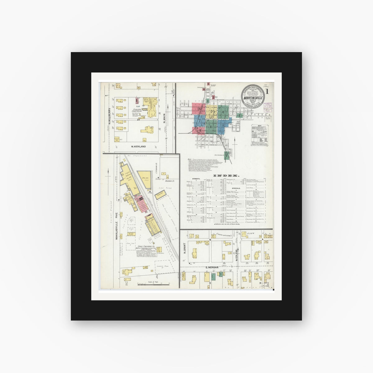 Old map wall art mockup — black gallery frame with white mat — Sanborn Fire Insurance Map from Martinsville, Morgan County, Indiana (1902) - Complete Map Set