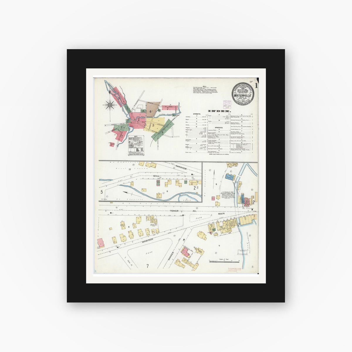 Old map wall art mockup — black gallery frame with white mat — Sanborn Fire Insurance Map from Waterville, Oneida County, New York (1906), Sheet #0001