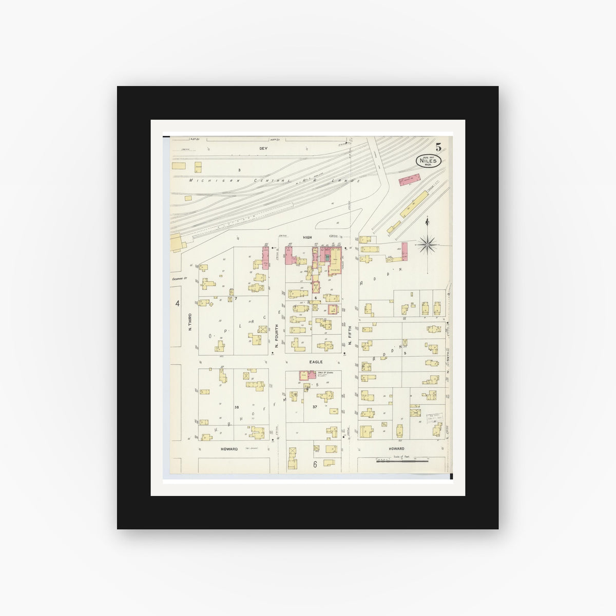Old map wall art mockup — black gallery frame with white mat — Sanborn Fire Insurance Map from Niles, Berrien County, Michigan (1907), Sheet #0005