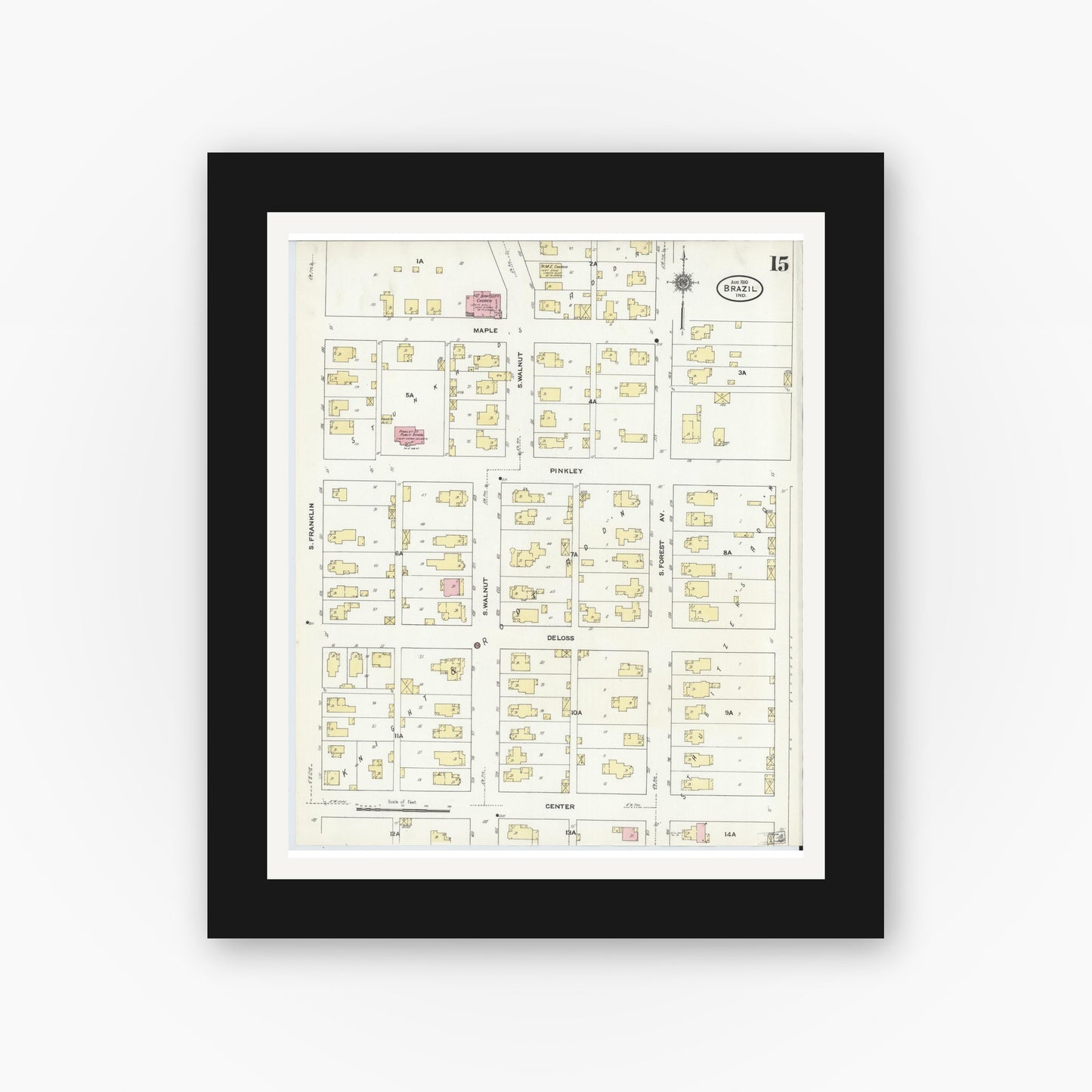 Old map wall art mockup — black gallery frame with white mat — Sanborn Fire Insurance Map from Brazil, Clay County, Indiana (1910), Sheet #0015